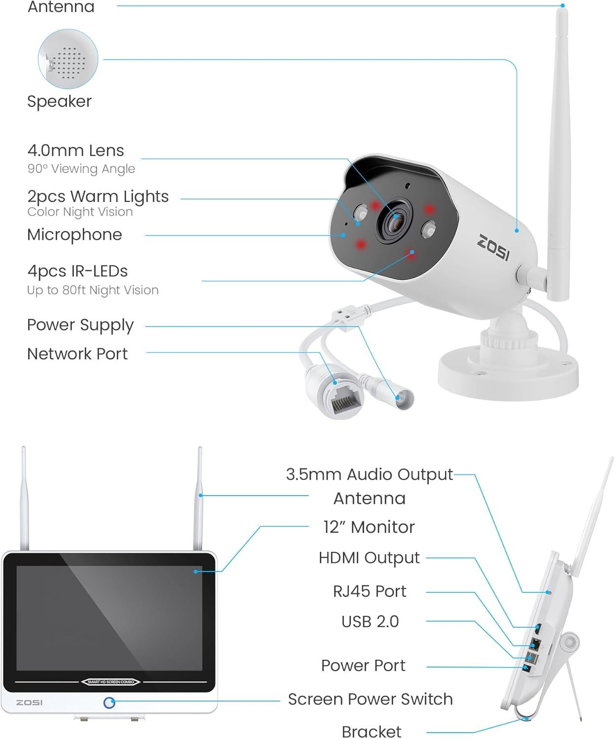 ZOSI 8CH 2K WiFi6 Home Security Camera System Outdoor Color Night Vision 1TB HDD