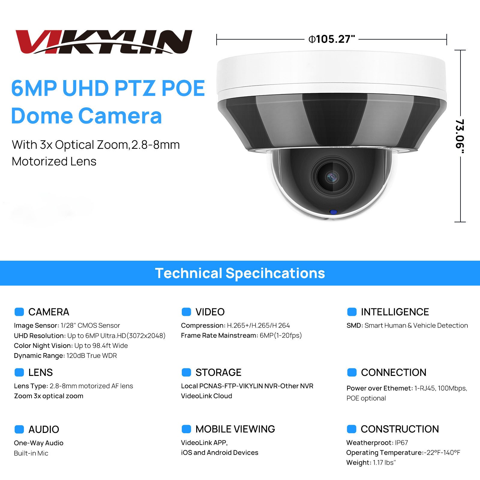 VIKYLIN 8CH 8POE NVR 3×Optical Zoom IR30M Mini Dome 6MP PTZ IP CAMERA System Lot