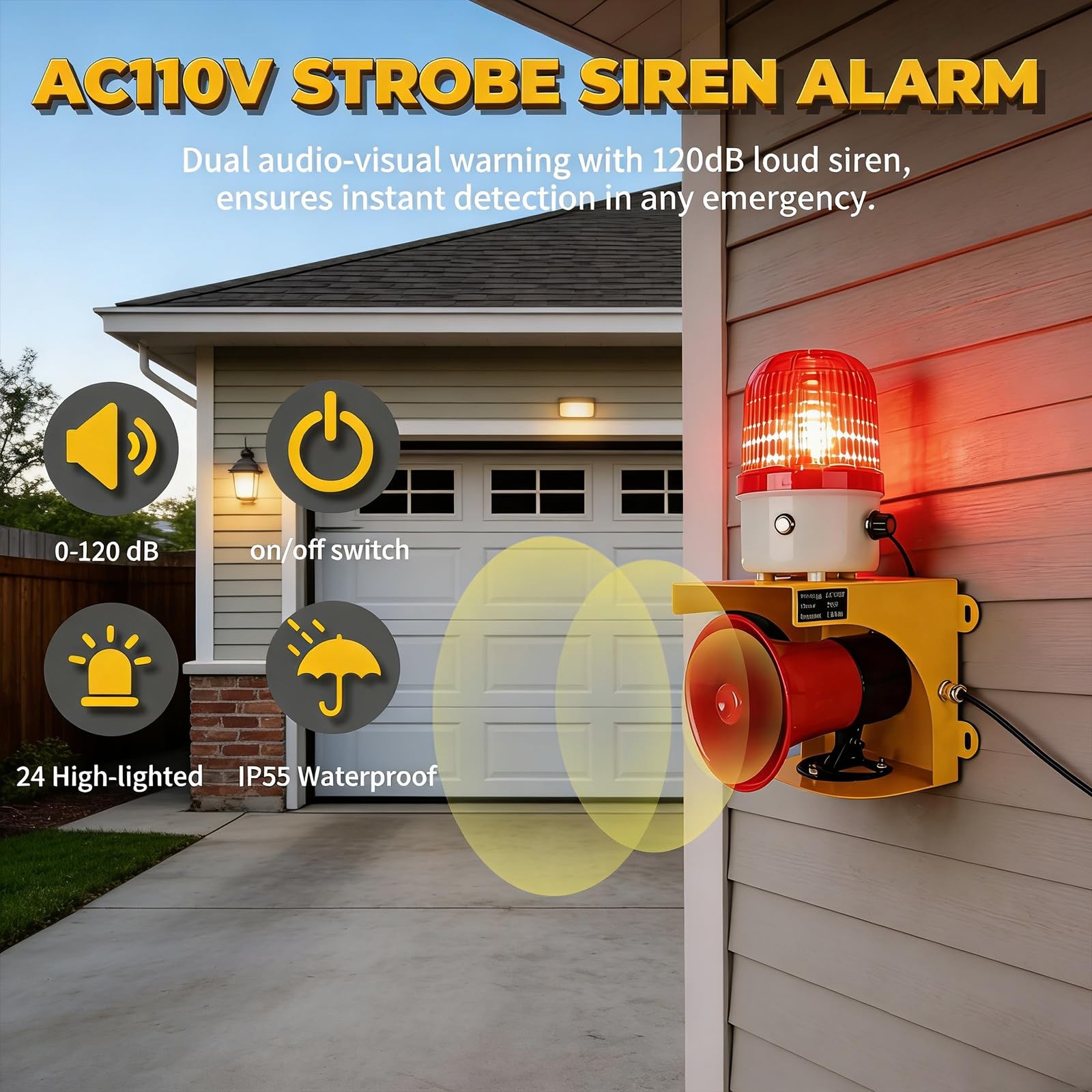 kbaoele AC110V Industrial Siren Alarm Strobe Light-120dB Loud Horn&Waterproof