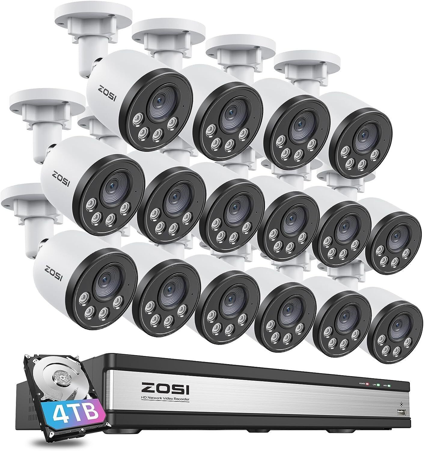 ZOSI 16CH NVR 4MP PoE Security Camera System 4TB Audio Night Vision Human Detect