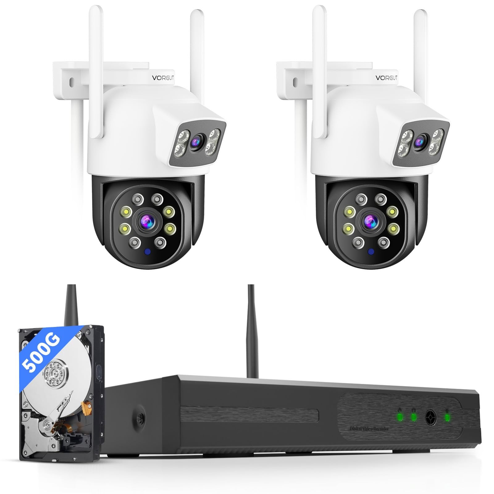 VORGUT Wireless Security Camera System Outdoor, 2pcs 2K Dual Lens PTZ Black