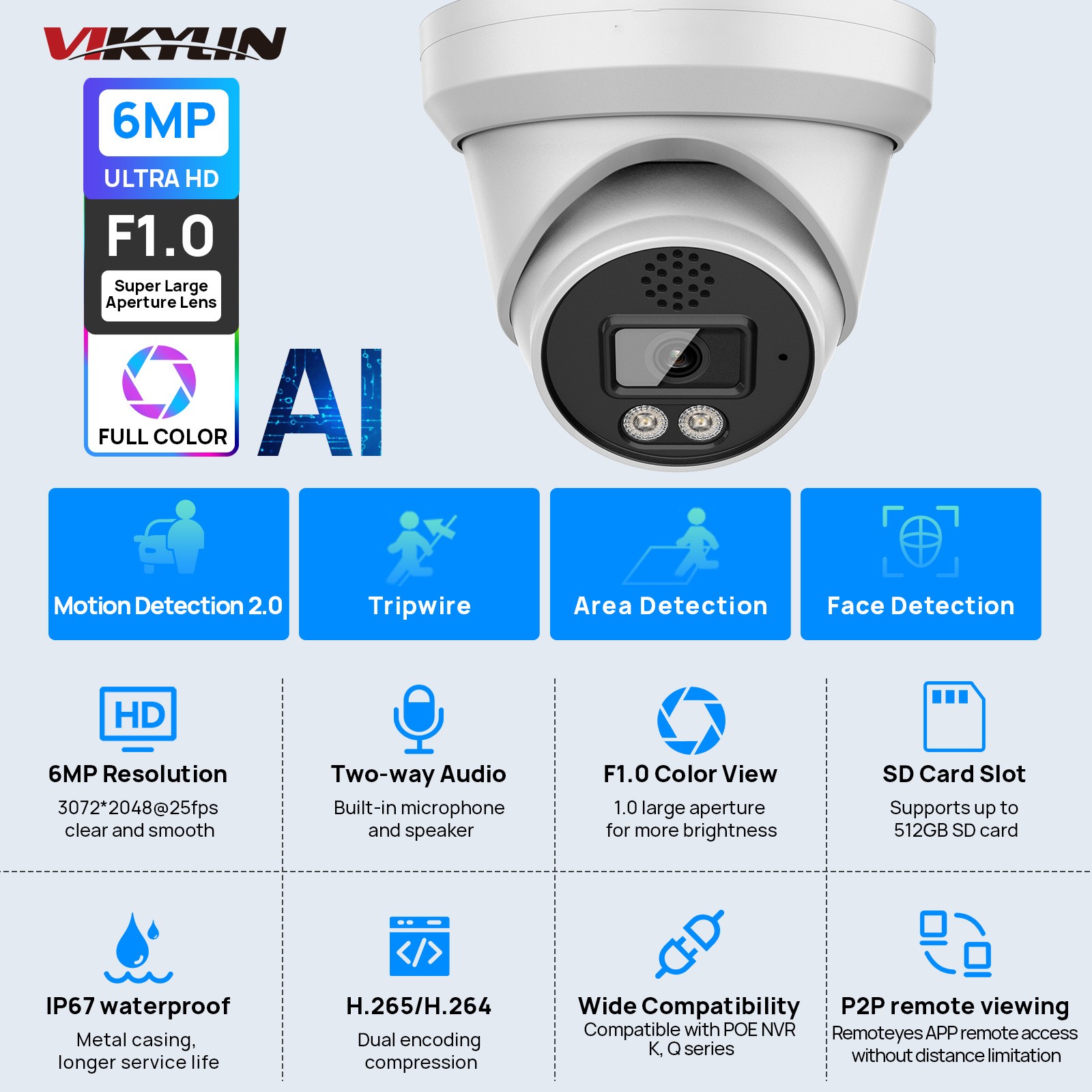 Vikylin 16POE 16CH NVR Set Turret 24H Color 6MP Security Camera Systems MD Lot