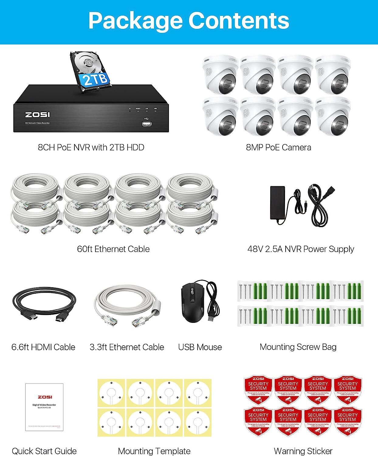 ZOSI 8MP NVR PoE Security Home Camera System 4K 8CH Outdoor Smart AI Detect 2TB