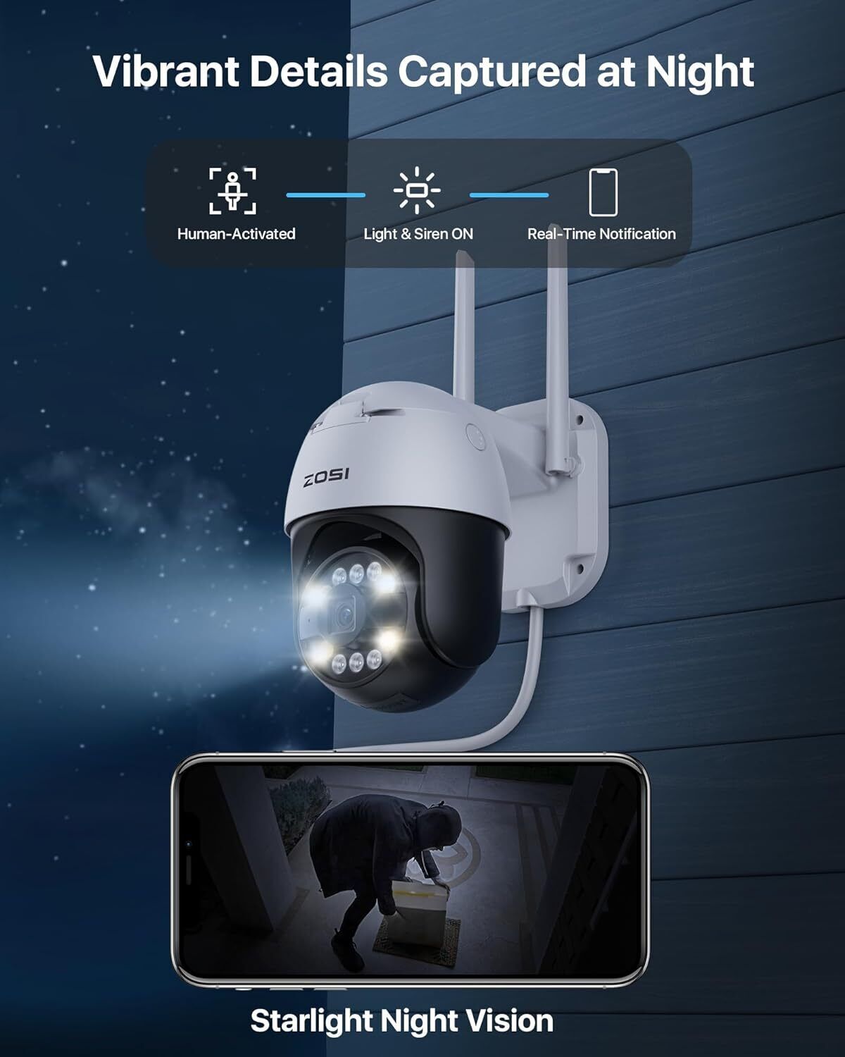 ZOSI 5MP PT WiFi Wireless Security Camera Audio AI Human Detect Night Vision