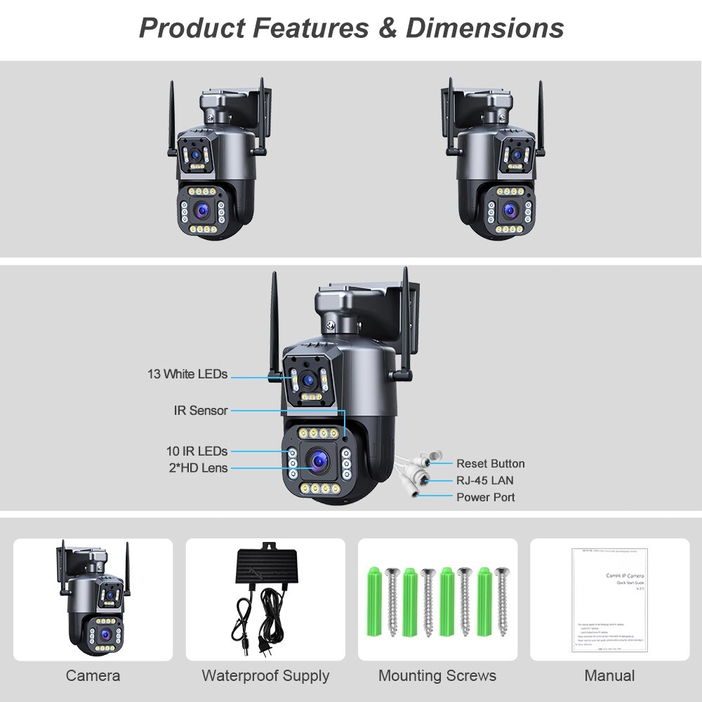 4K Security Camera Wireless Home Outdoor 4MP PTZ Home 2-Lens Wifi 2-Way Audio