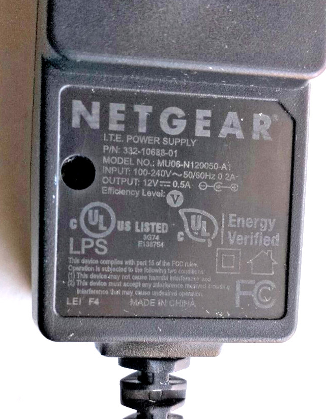 NETGEAR P/N: 332-10688-01 MODEL: MU06-N120050-A1 AC/DC ADAPTER 12V 0.5A J3.1