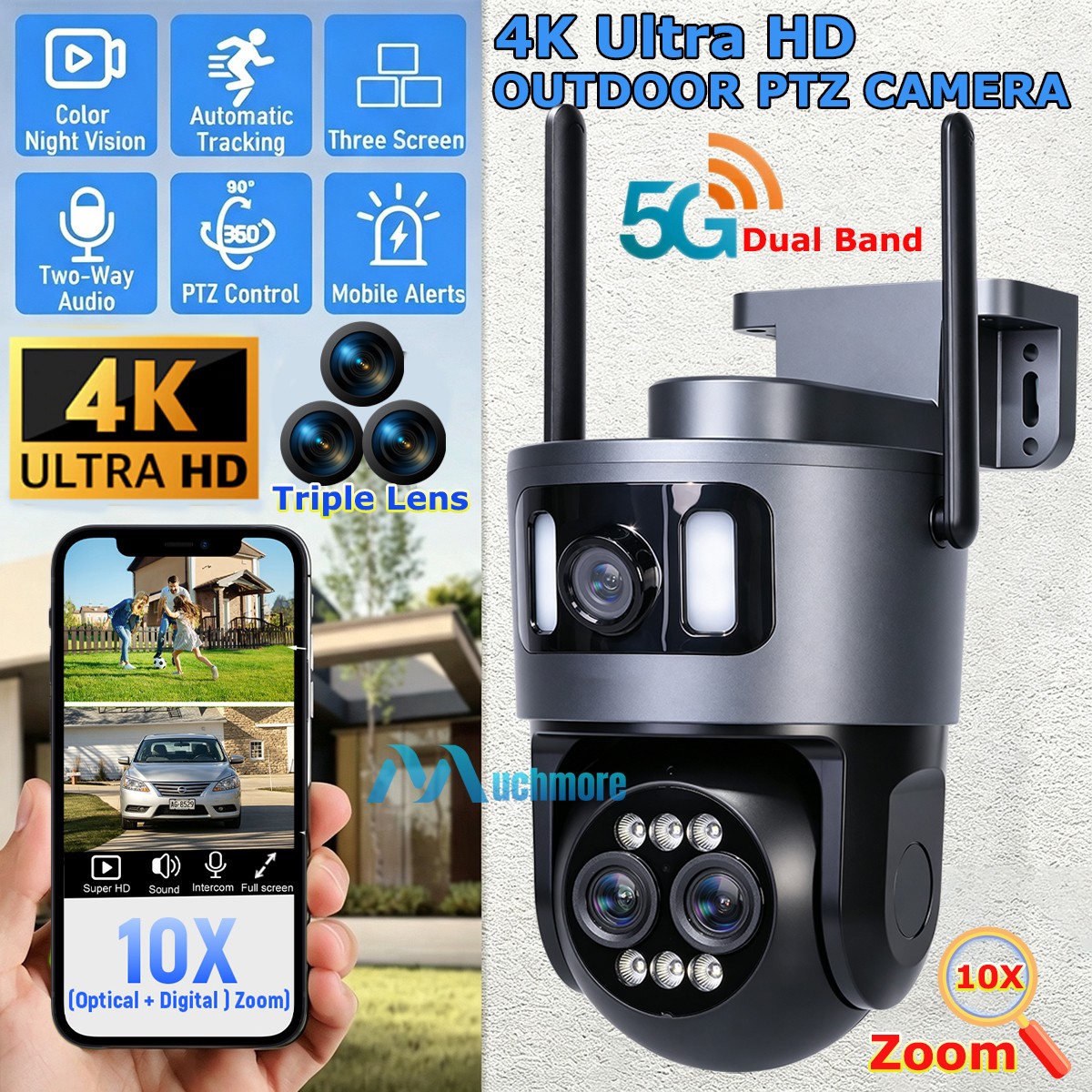 4K WiFi Triple Lens Security Camera Outdoor Home Night Vision 360° PTZ 10X Zoom