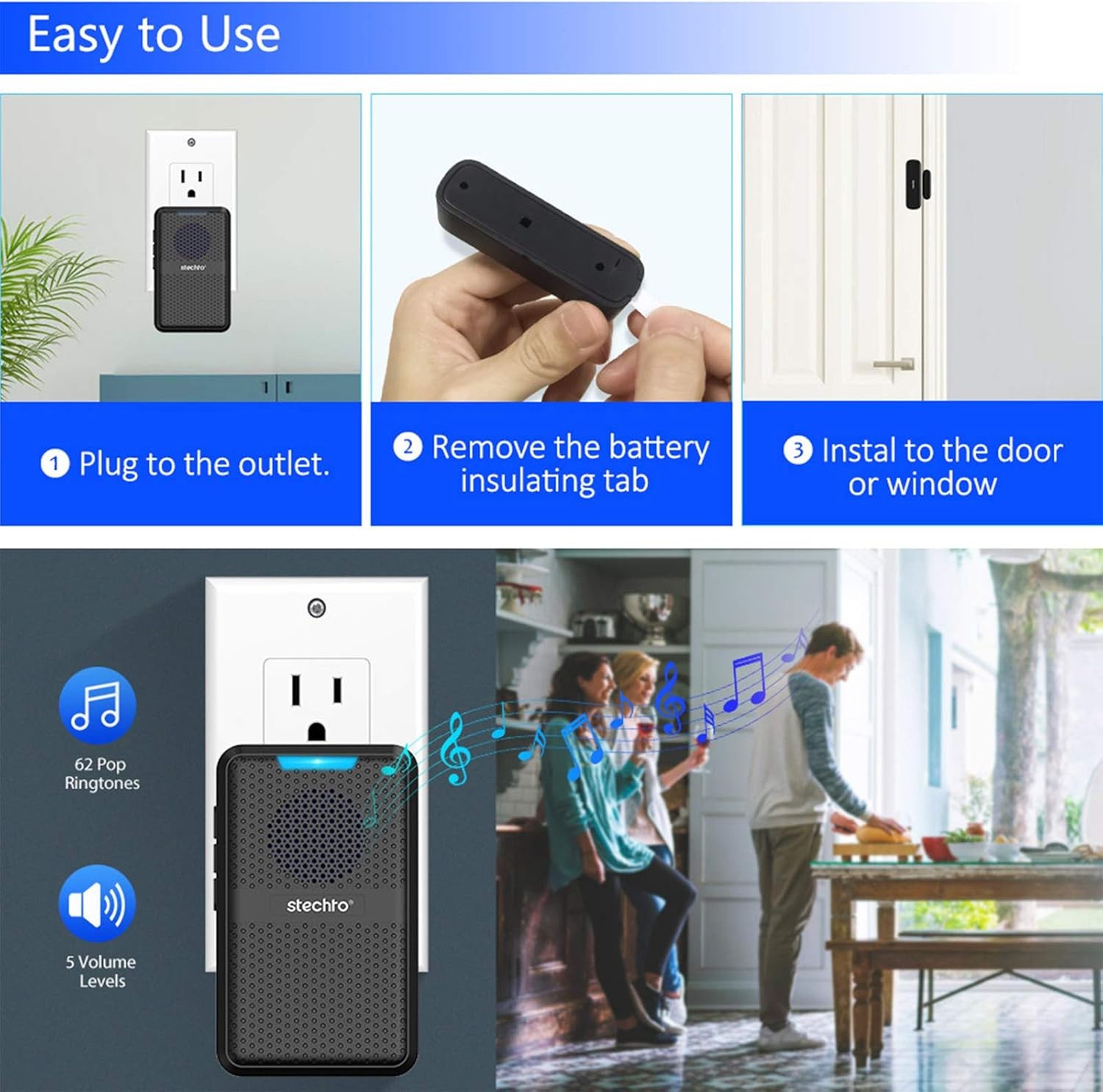 STECHRO Wireless Door Chime, 600Ft Range 5 1 Receiver + 1 Sensor, Black