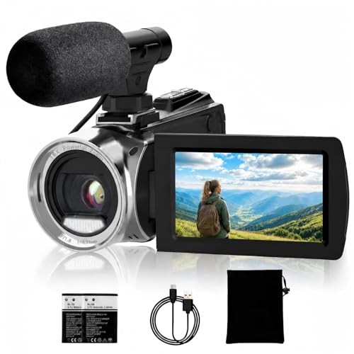 4K 48MP Camcorder, Vlogging Camera with Microphone for Beginners, Anti-Shake