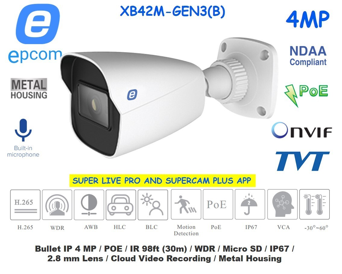 Epcom XB42M-GEN3(B) 4MP IR Water-proof Bullet IP Network POE Camera Built-In Mic