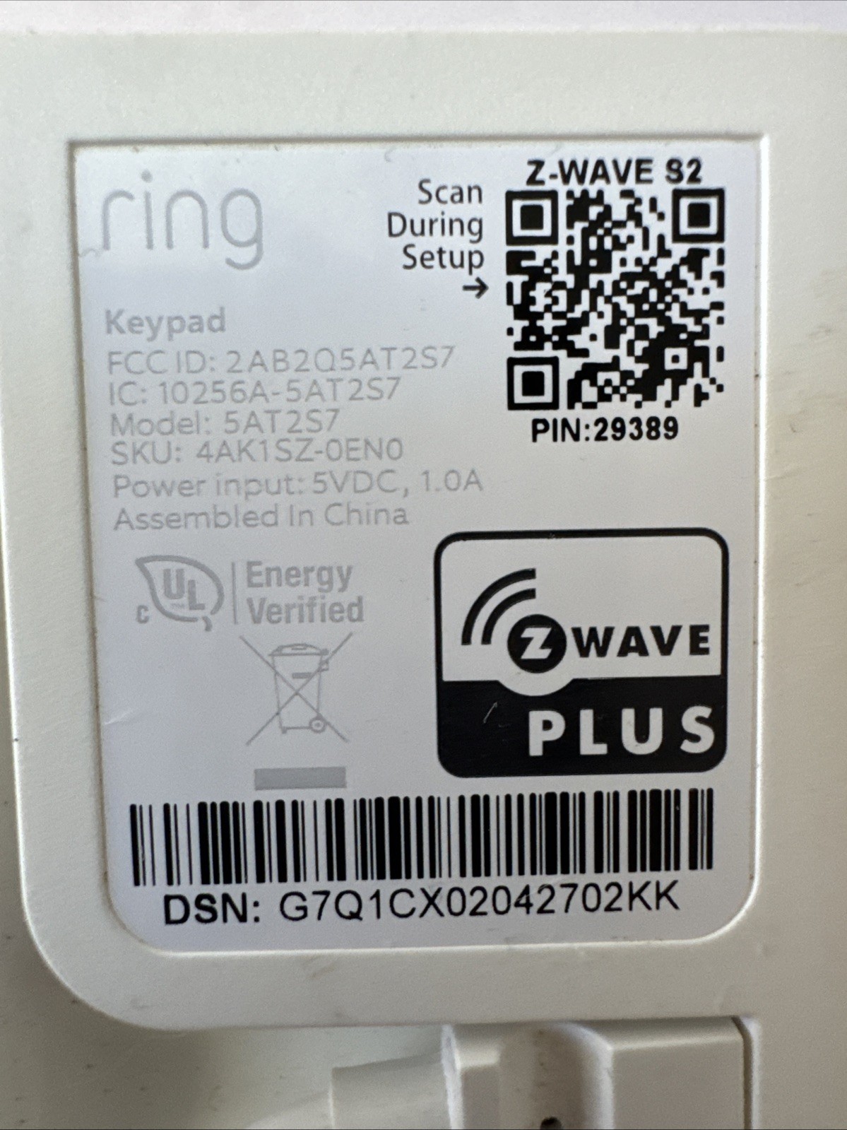 Ring Alarm Keypad (2nd Gen) Model 5AT2S7 Z-Wave Plus w/ Power Adapter Works