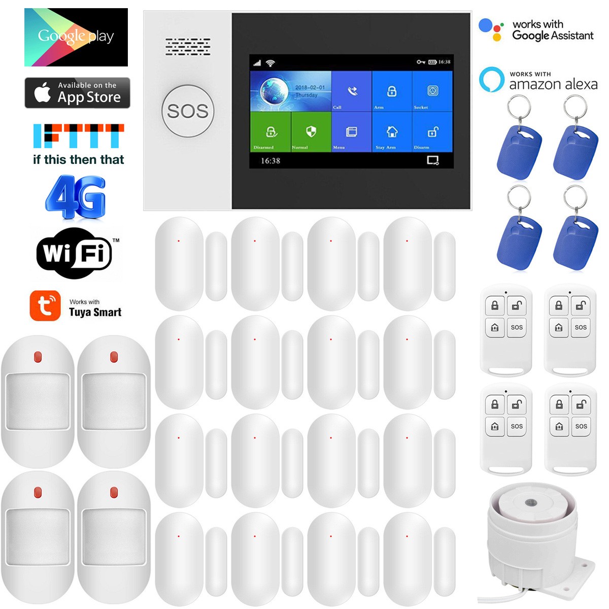 V18 WiFi+4G/3G/2G Tuya APP Wireless Home Security Alarm System+Alexa+Google Home