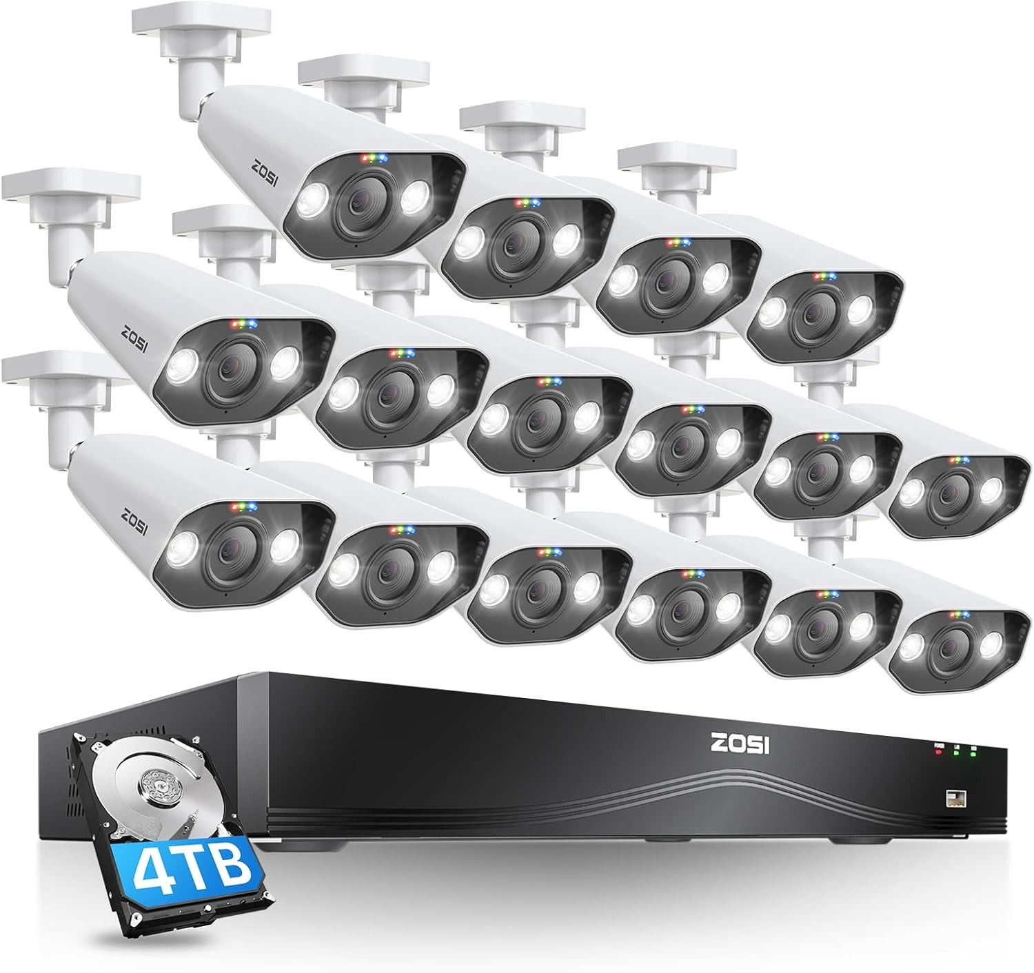 ZOSI 16CH 4K Security Camera System 16pcs 8MP PoE Cameras Outdoor 2Way Audio 4TB