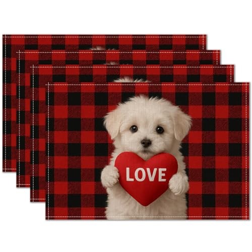 Valentine Placemats Set of 4 12×18 inch Red Buffalo Plaid Puppy Table Color*40