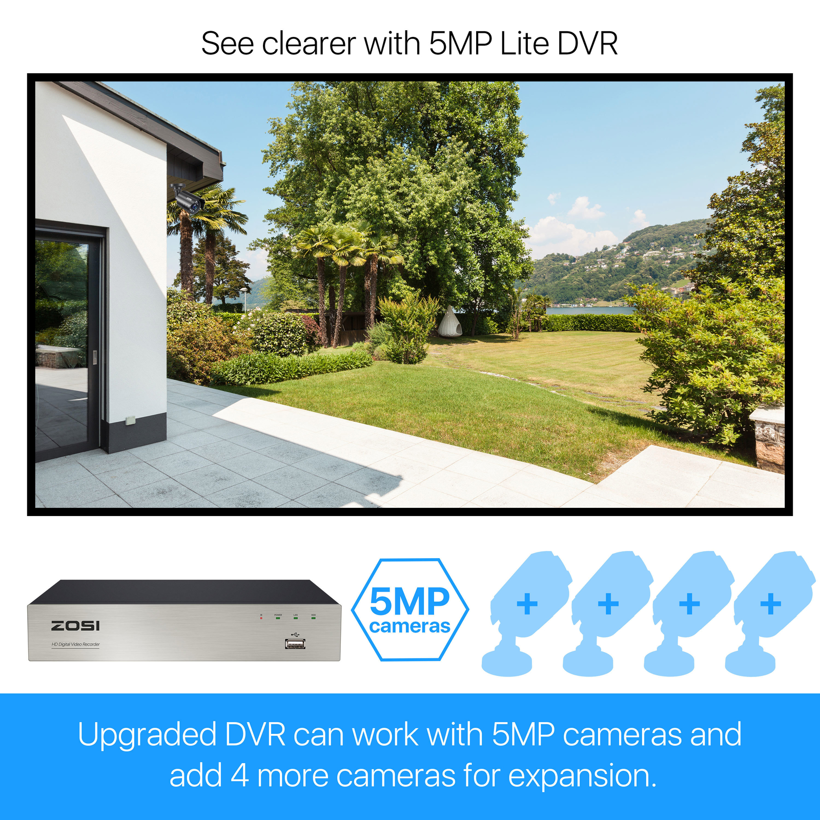 ZOSI 8CH H.265+ 5MP Lite HDMI DVR 1080P Home Security Camera System Weatherproof