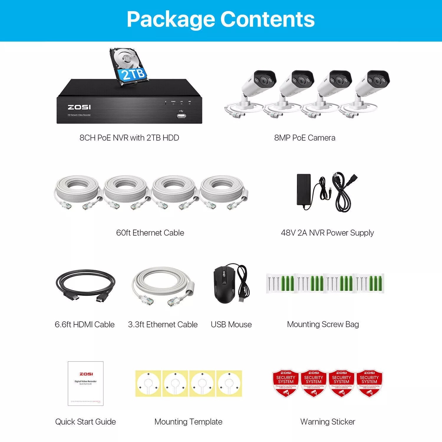 ZOSI 8CH 4K NVR 8MP POE Security IP Camera System Color NightVision IP66 2TB HDD