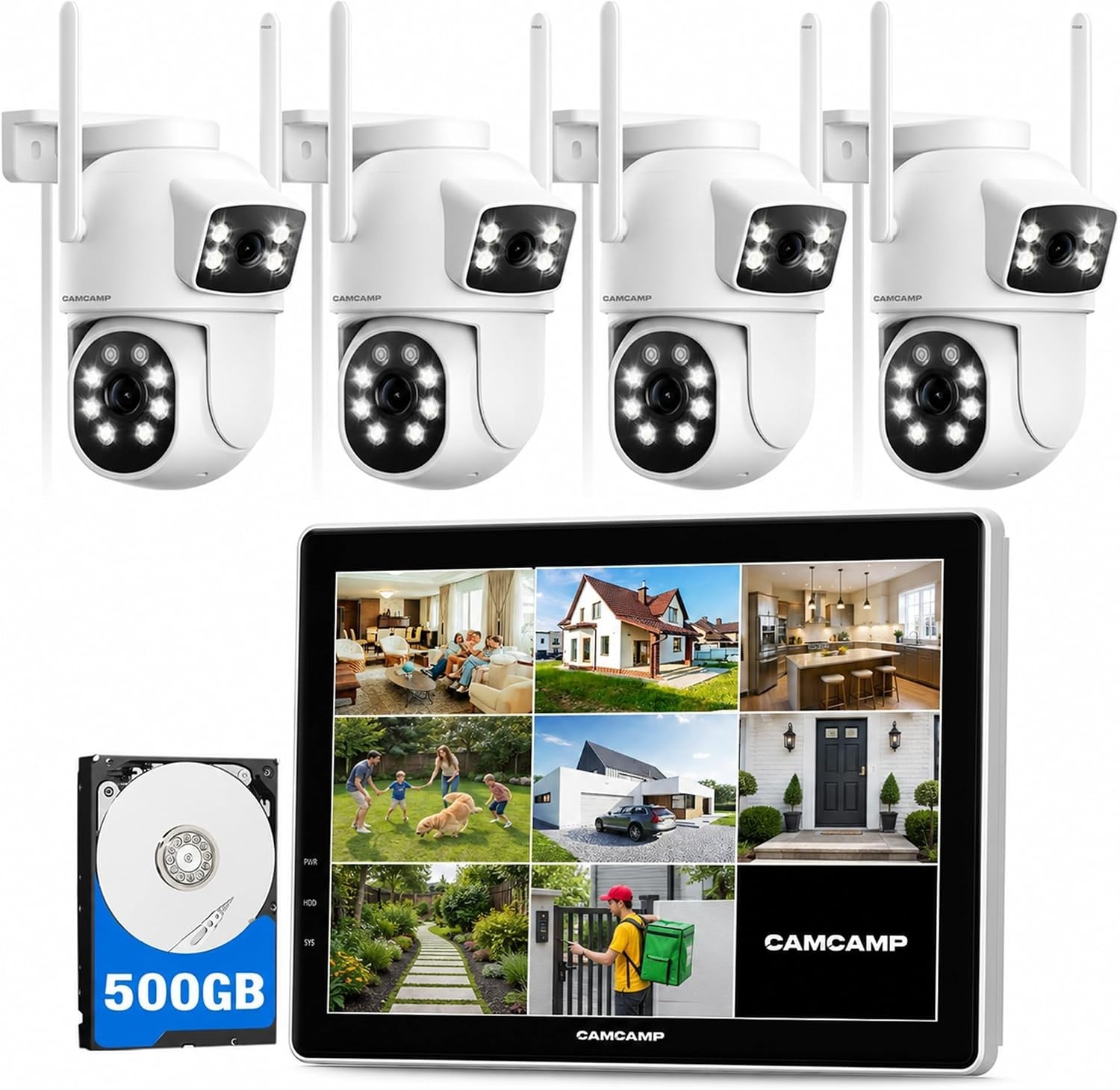 Wireless Security Camera System with 10.1″ Monitor & Dual Lens PTZ Cameras