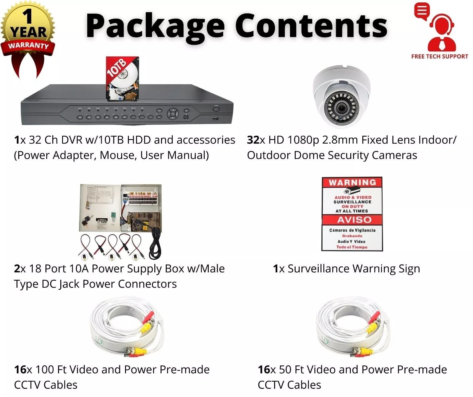 1080P HD 32 Channel Security Camera Surveillance System 10TB Recording Memory
