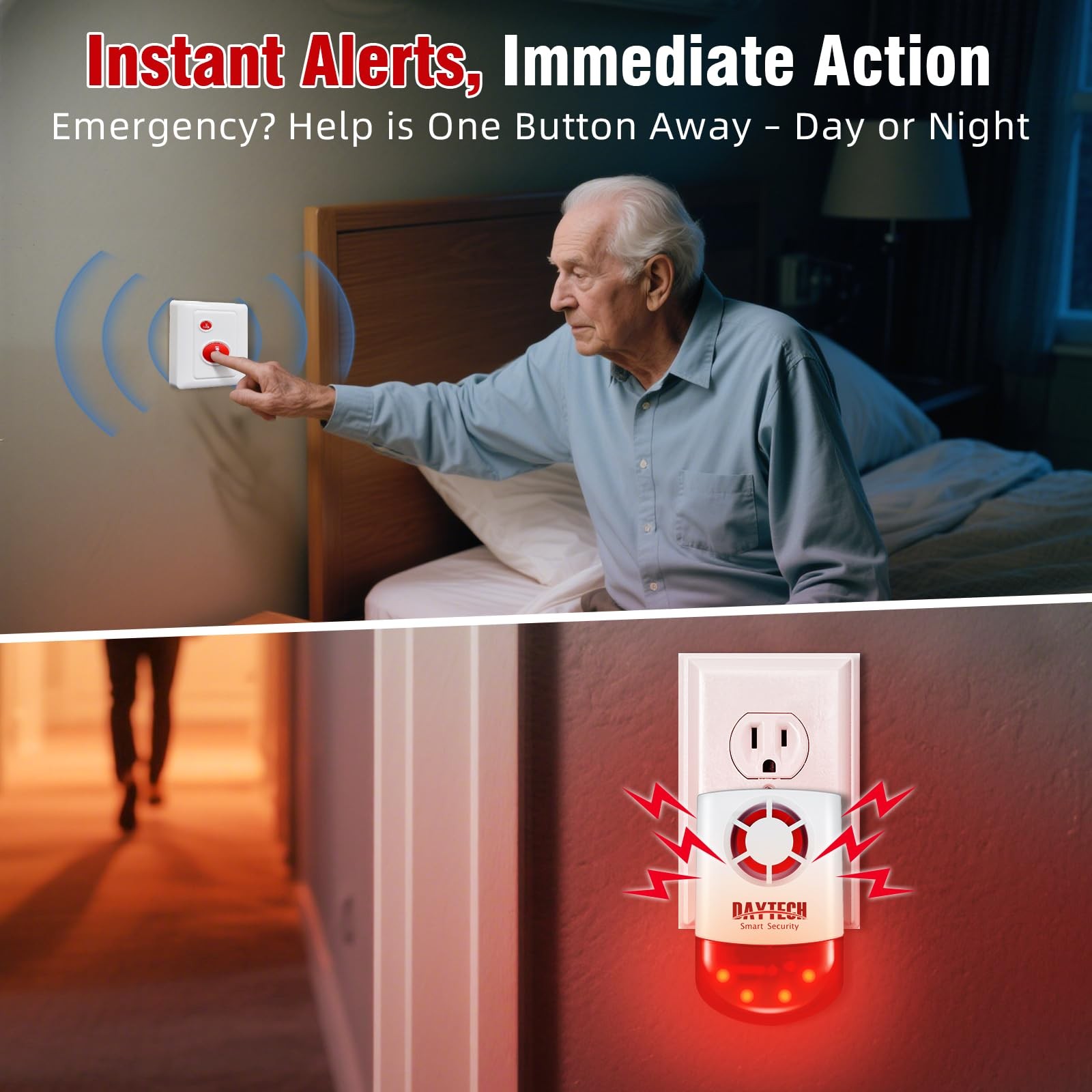 Daytech Wireless Panic Button Alarm-120dB Strobe Siren with Panic Buttons,