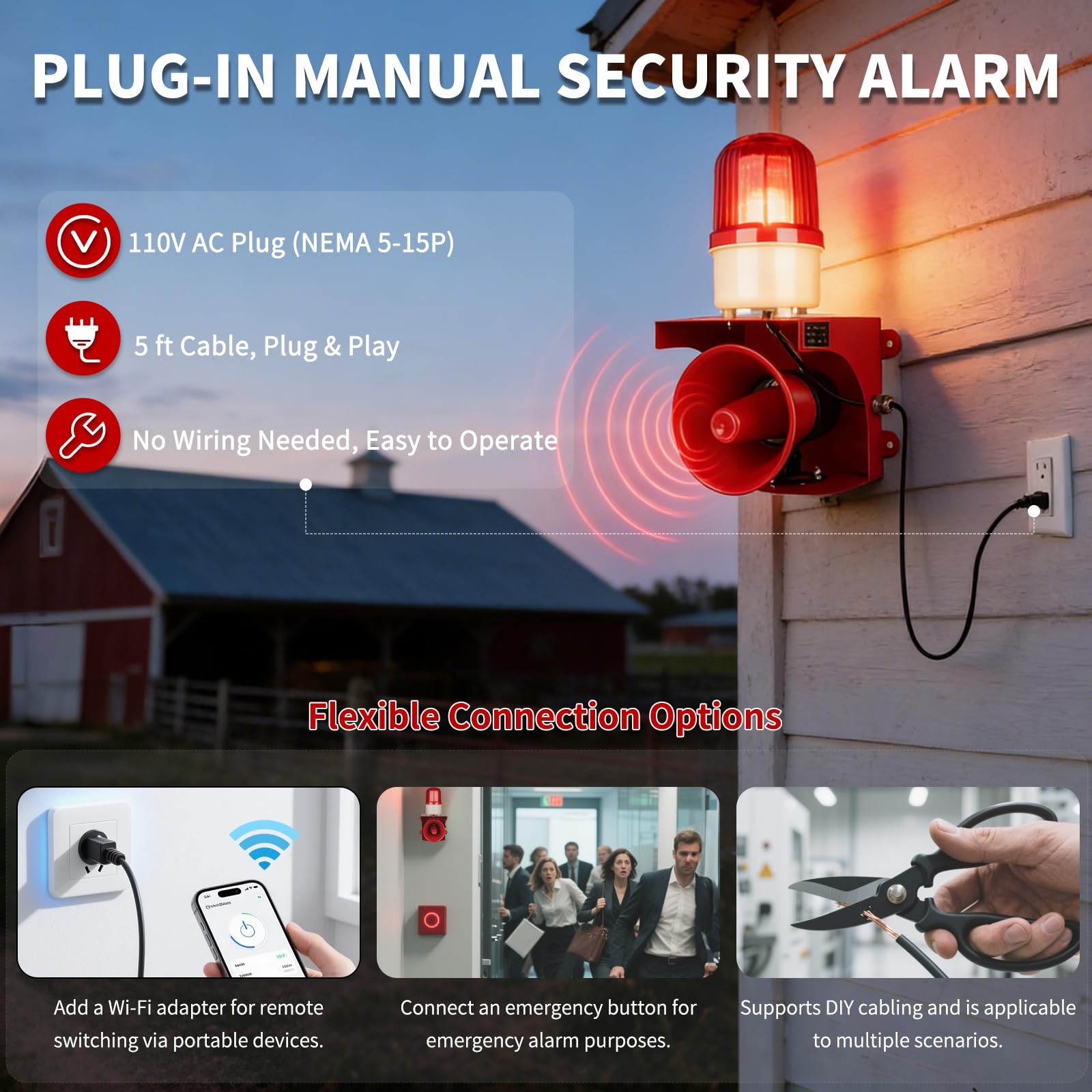 AC110V Industrial Siren Alarm Strobe Light-120dB Loud Horn&Red Beacon Warning…