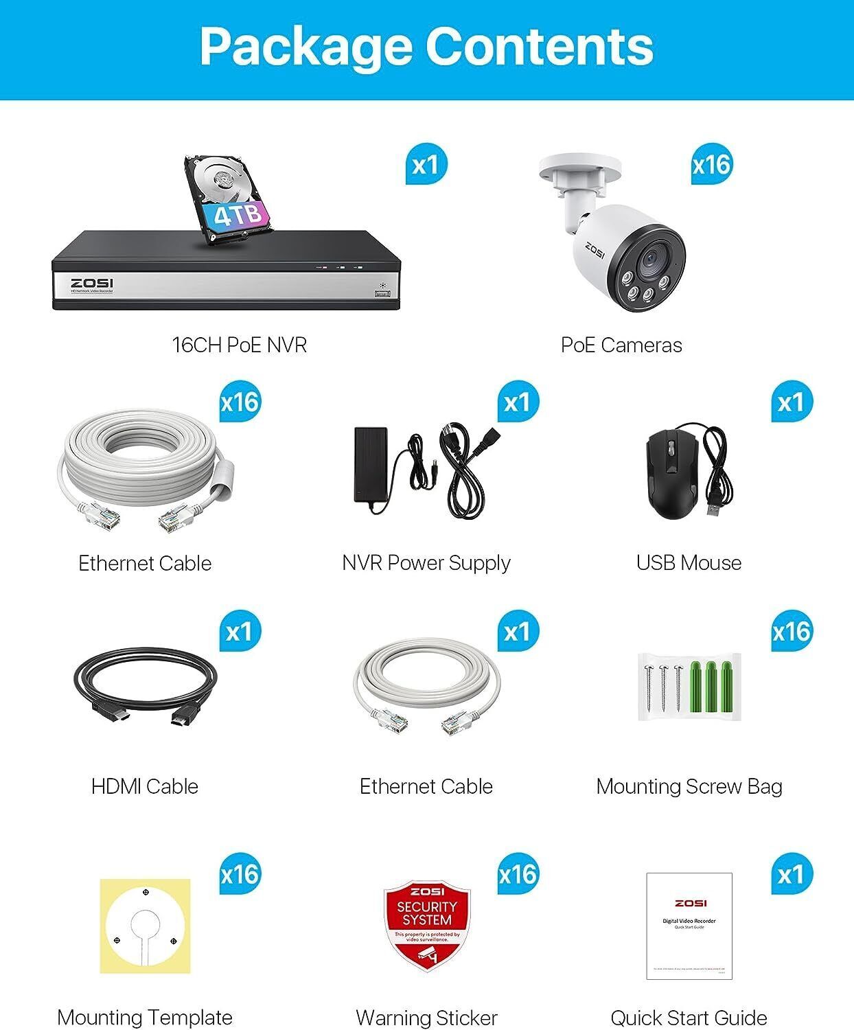 ZOSI 4K 16CH PoE Security Camera System 4TB HDD for Home 24/7 100ft IR Night