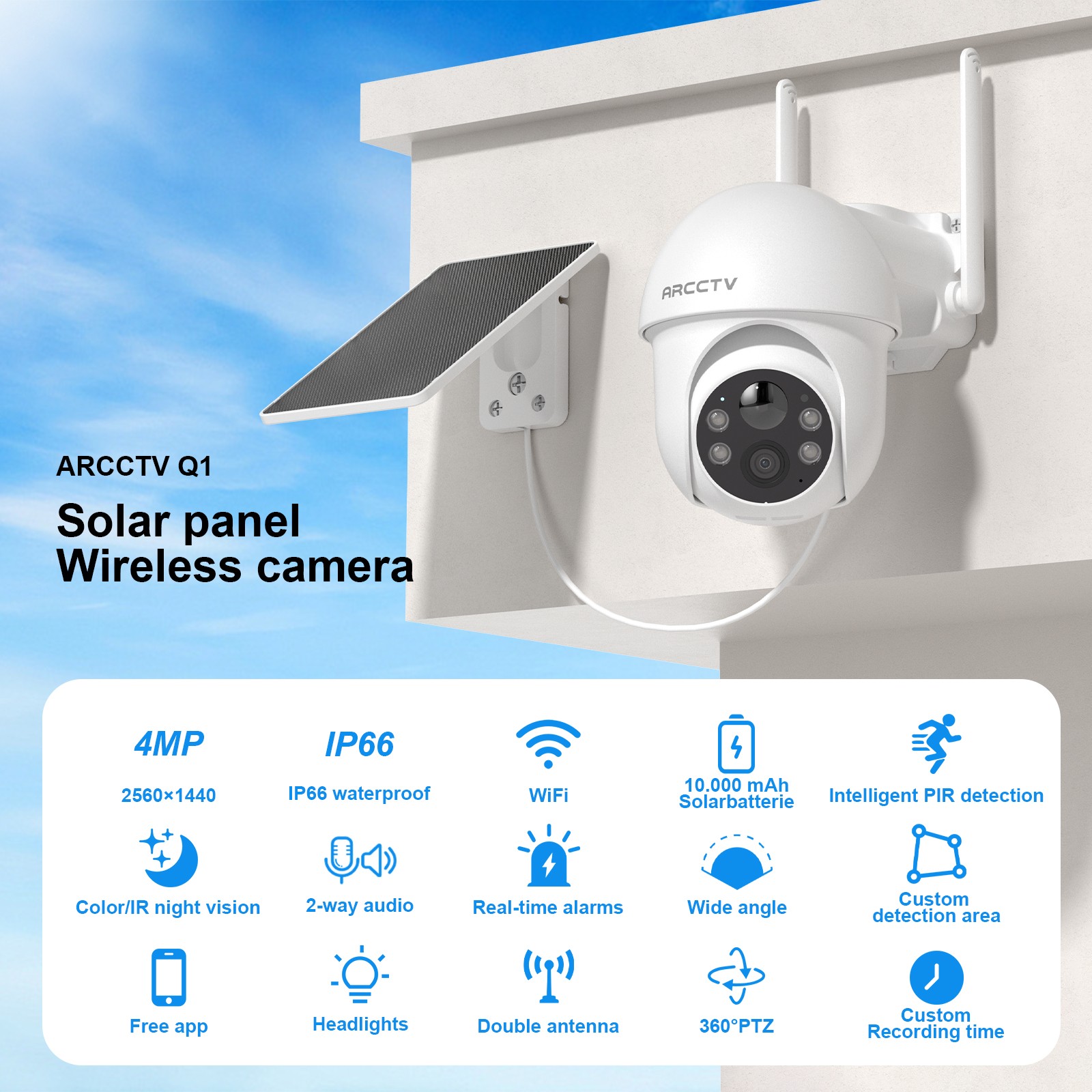 ANRAN Outdoor Solar Security Camera 3MP Wireless Wifi 360°PTZ Night Vision 2Pack