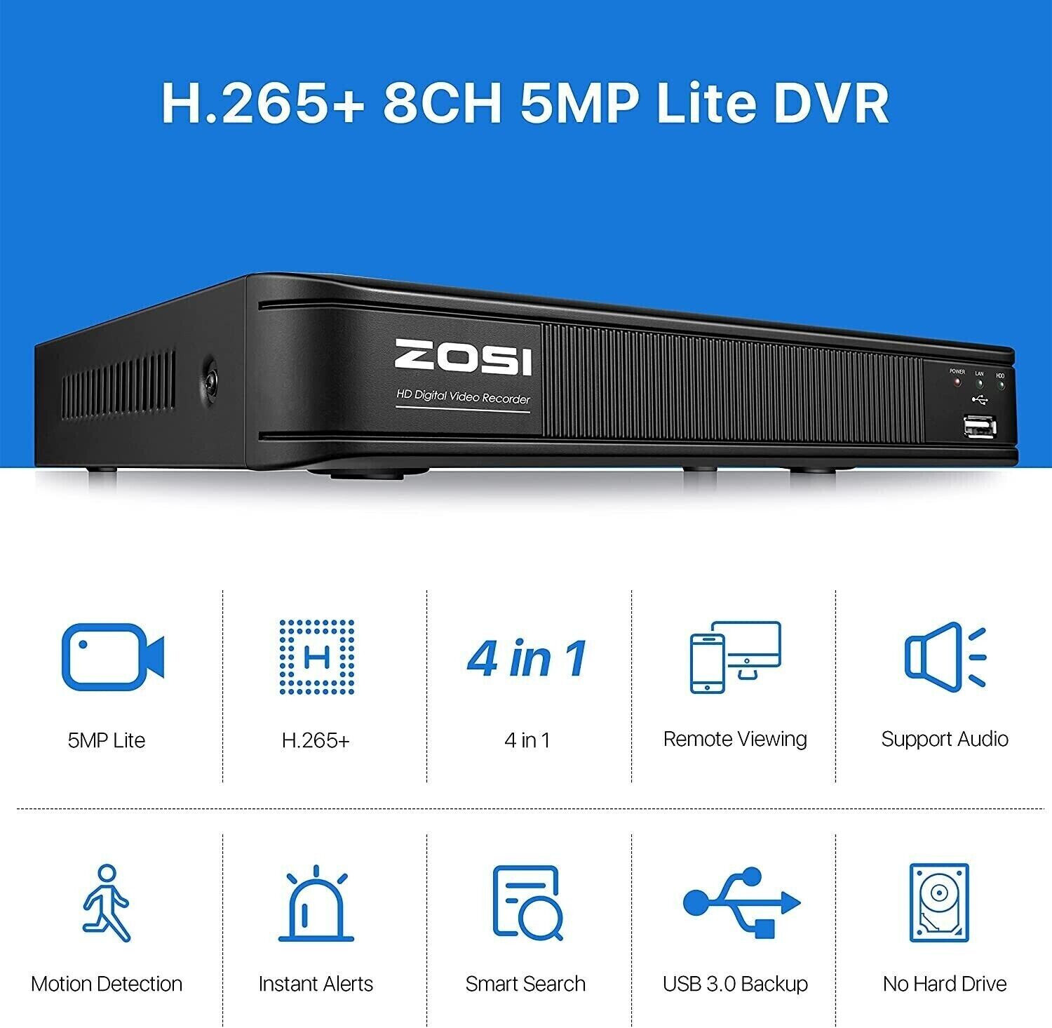 ZOSI H.265+ 5MP Lite DVR Security System 8CH DVR 1080P CCTV Camera Night Vision