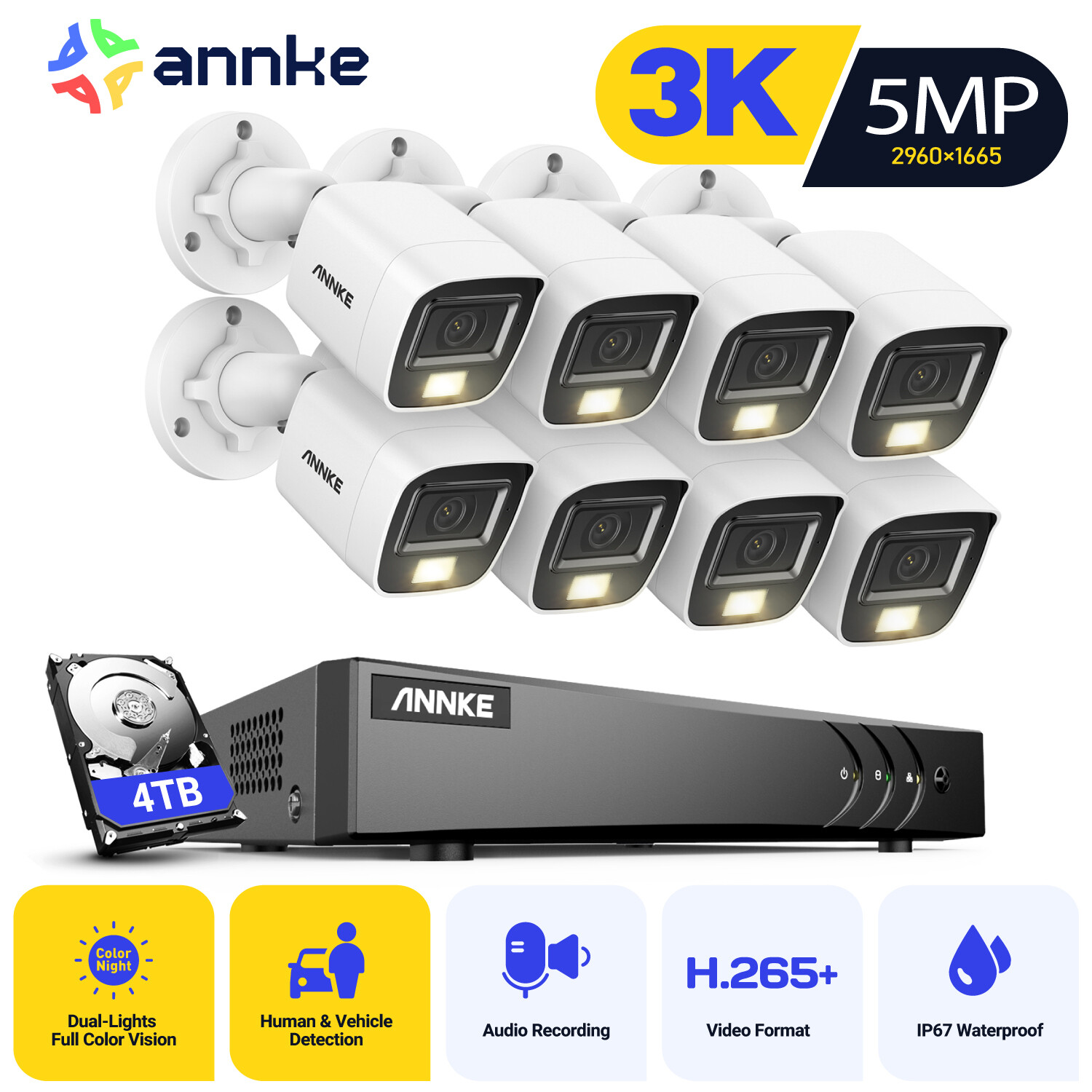 ANNKE 3K Lite 8CH DVR 5MP Color Night System Camera System CCTV Audio Recording