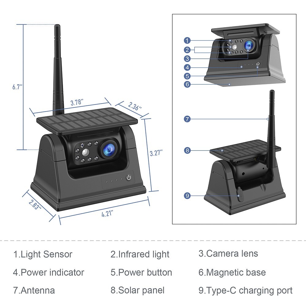 7″ Wireless Monitor DVR Solar Backup Camera Rechargeable Magnetic portable Cam