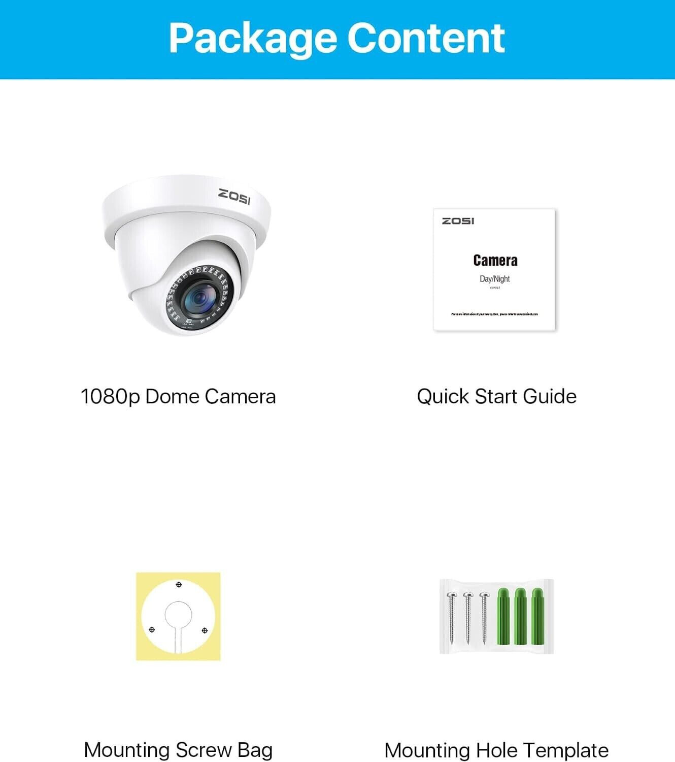 ZOSI 1080P Hybrid 4in1 Dome Camera Outdoor Work with TVI AHD CVI Analog System