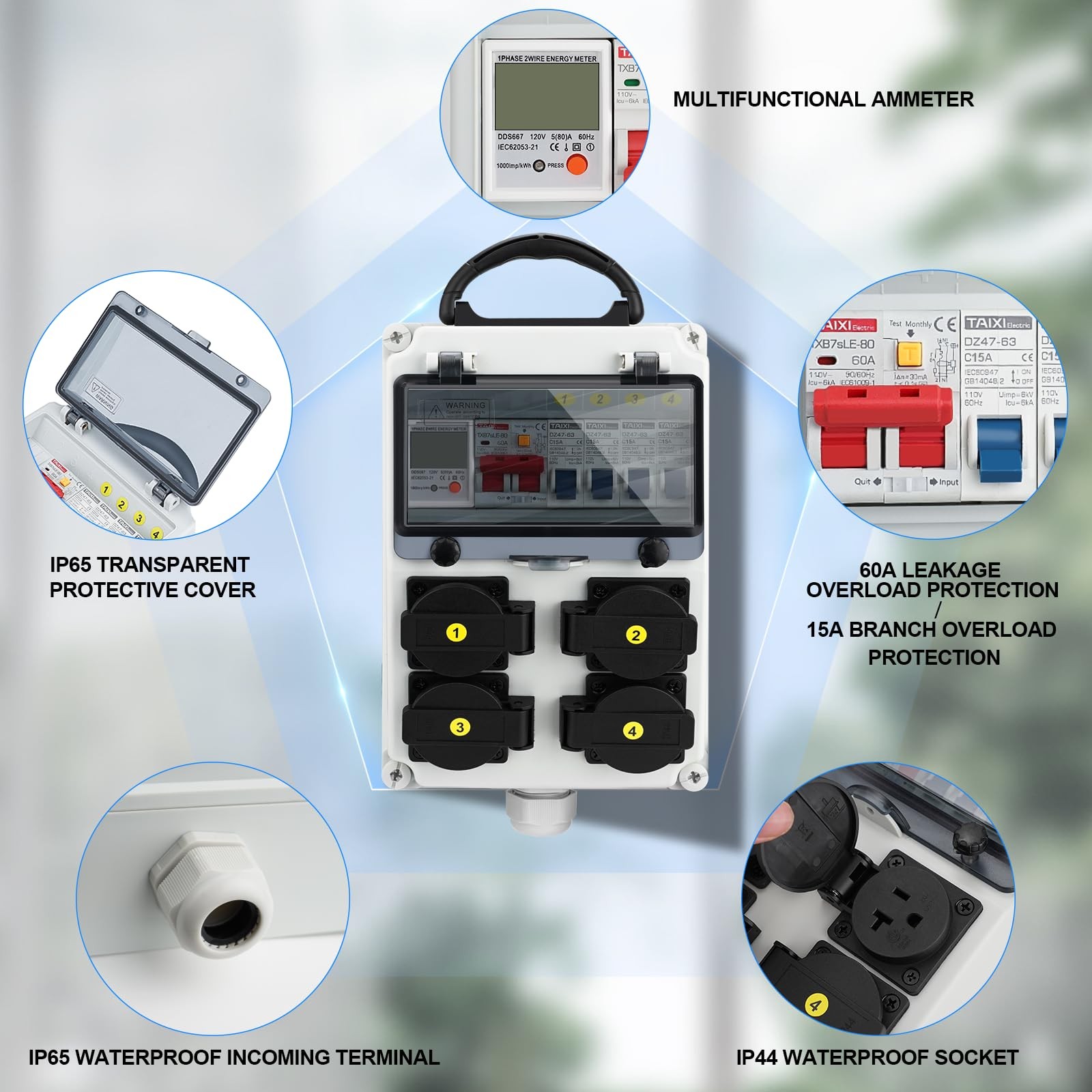 Power Distribution Box, 110V Electricity Meter 1*60A 4*20A FL+LS+METER