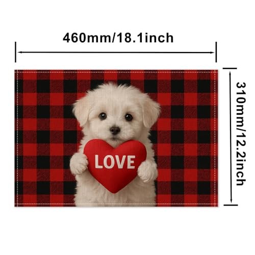 Valentine Placemats Set of 4 12×18 inch Red Buffalo Plaid Puppy Table Color*40