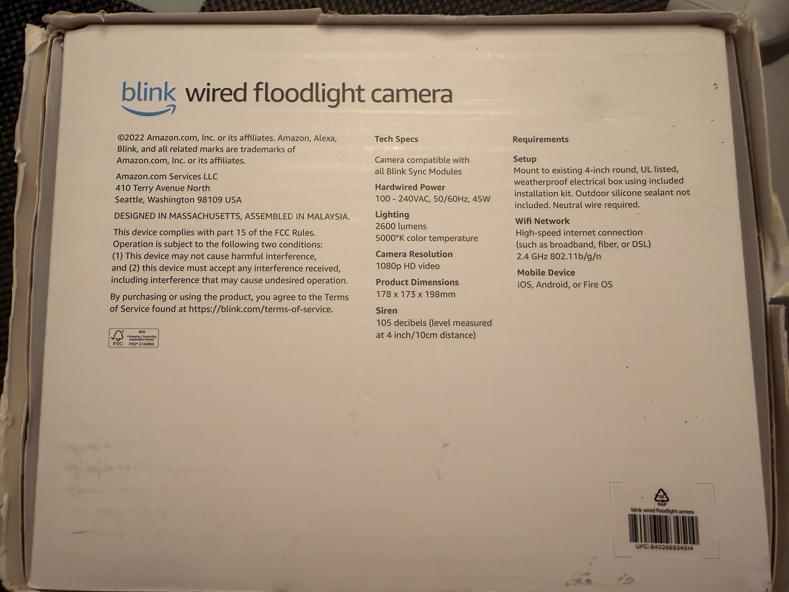Blink Wired Floodlight Camera LED 2600 Lumens Wi-Fi Alexa HD Weather Resistant