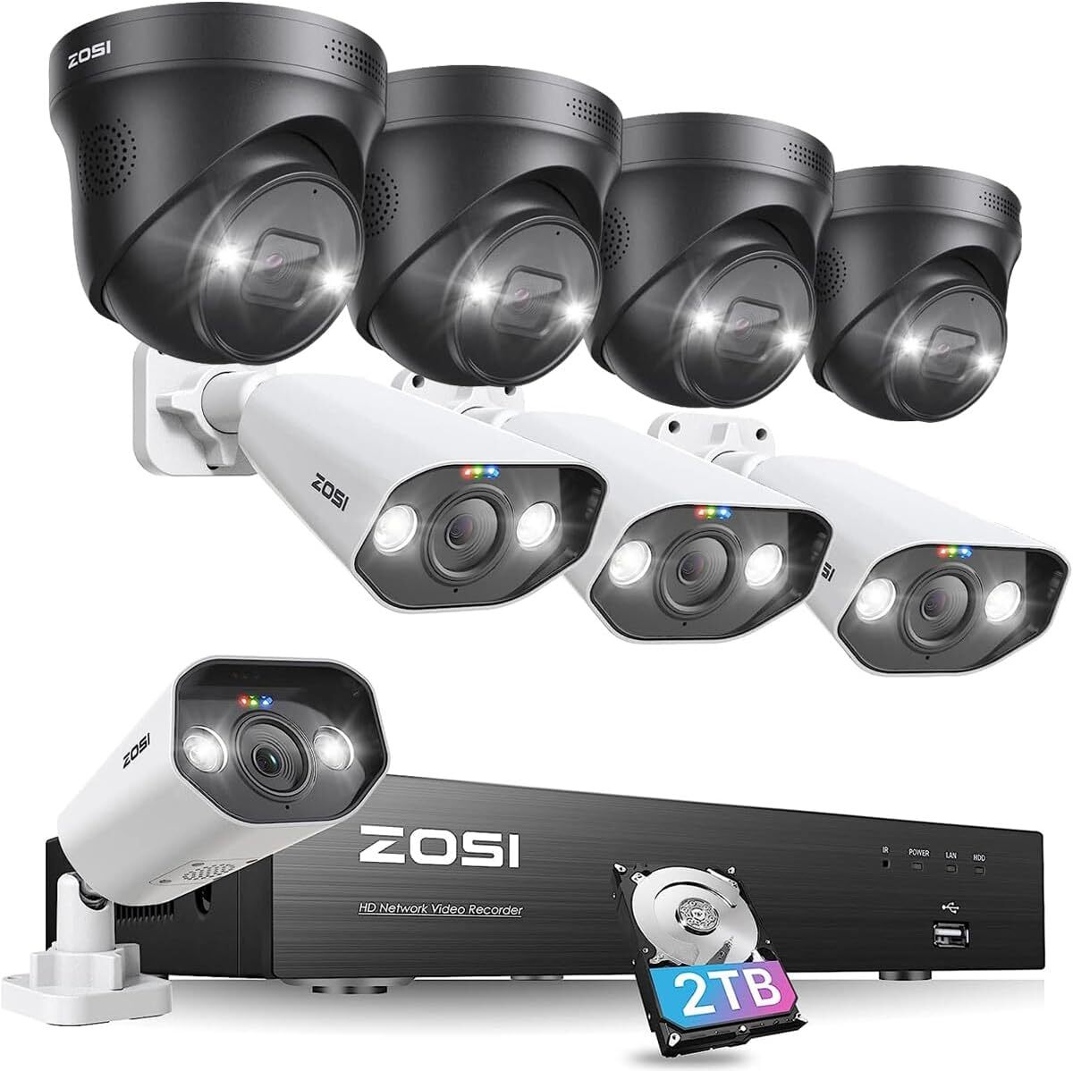 ZOSI 4K 8CH NVR 8MP IP POE Security Camera System AI Alerts Audio 2TB HDD IP66