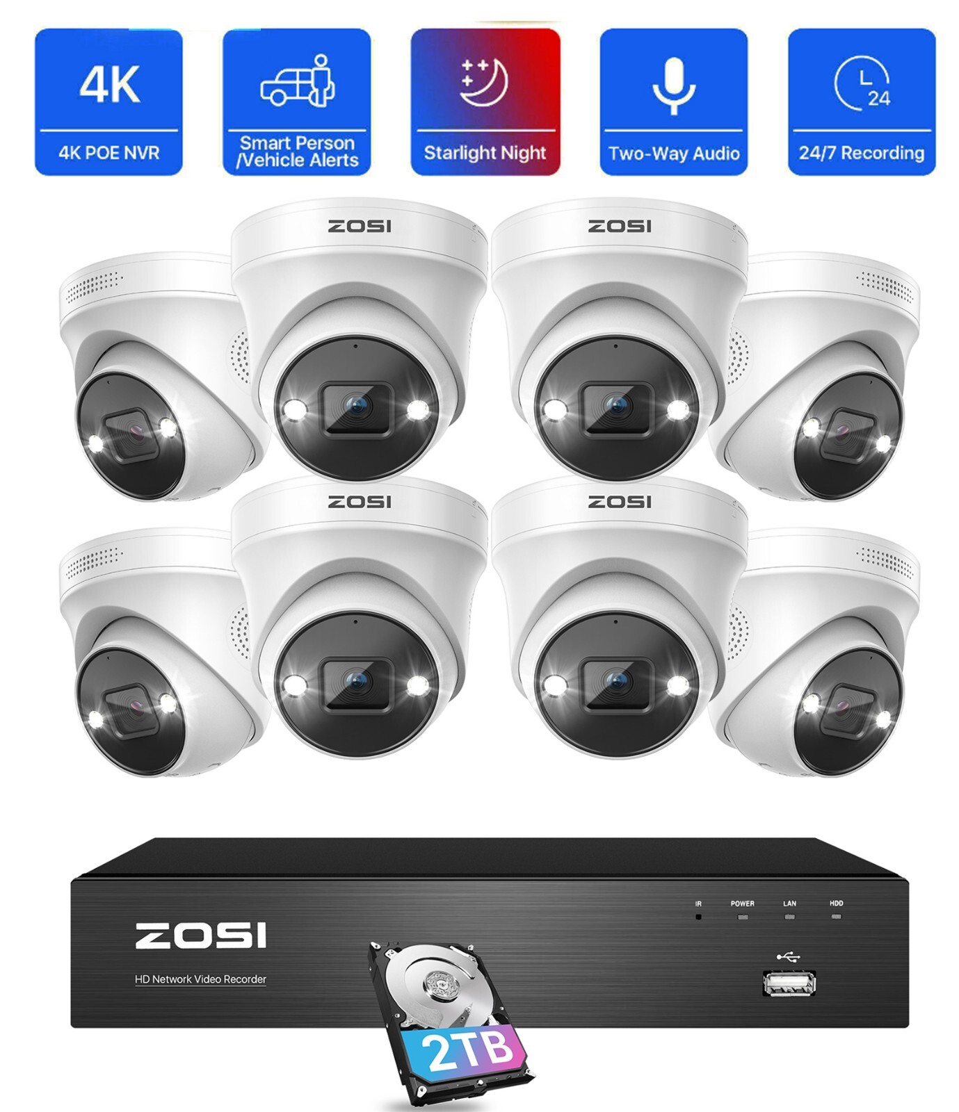 ZOSI H.265+ 8CH 4K NVR Security IP 5MP Camera System Color Night Vision 2TB HDD