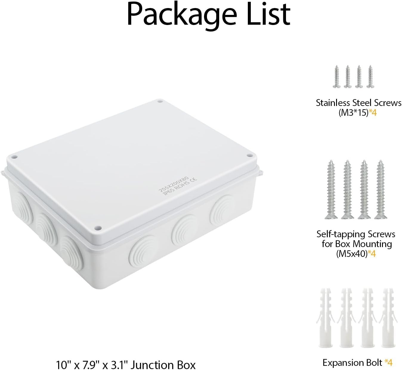 LeMotech Junction Box, ABS Plastic IP65 10″ x 7.9″ x 3.1″ (1pc), White