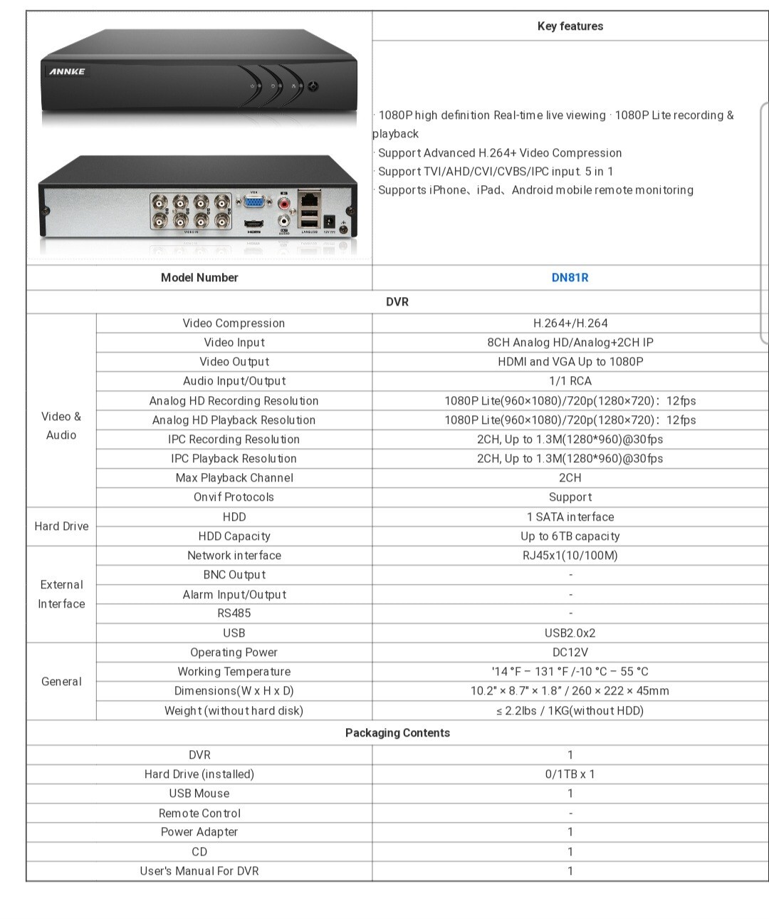 ANNKE Digital Video Recorder DN81R 1080P Lite 8CH – TESTED FOR POWER ONLY