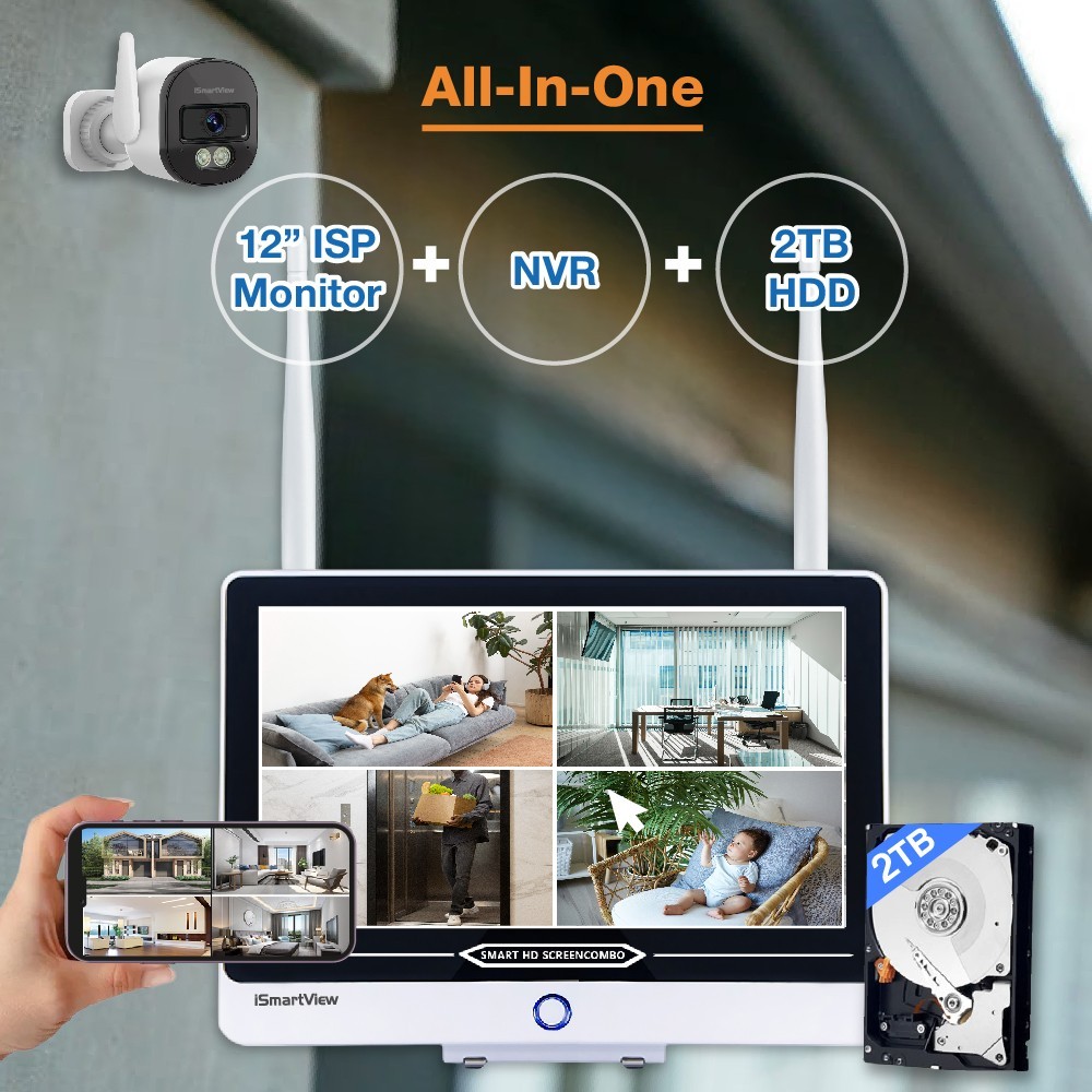 All-in-One 12″ 2K Wireless CCTV System w/ 8Ch 2TB NVR & 4 Wireless IP Cameras