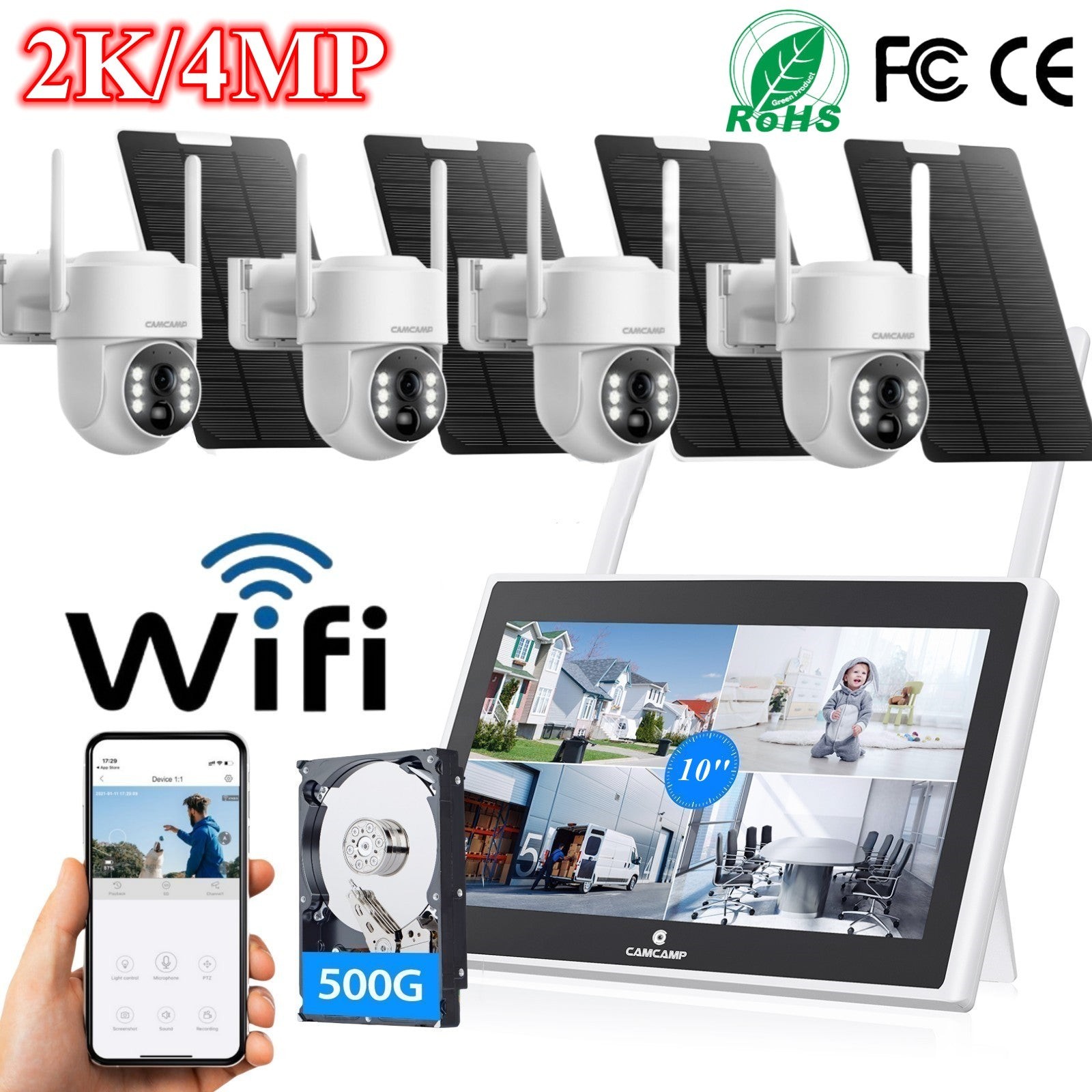 CAMCAMP 4MP Wireless Home Security Camera System 10CH NVR 4pcs Solar IP Cameras