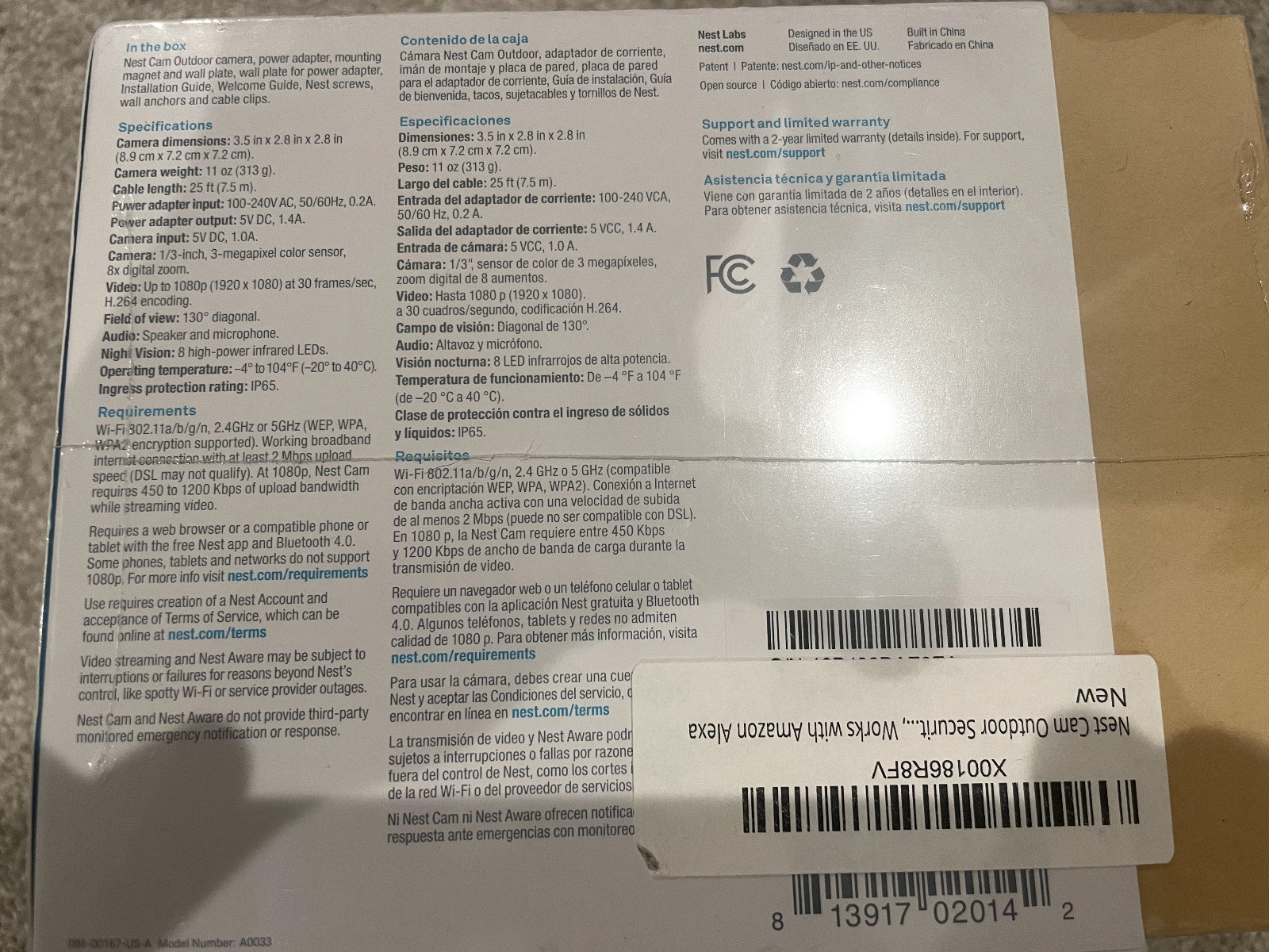 Nest NC2100ES Outdoor Security Camera 1st Gen New & Sealed