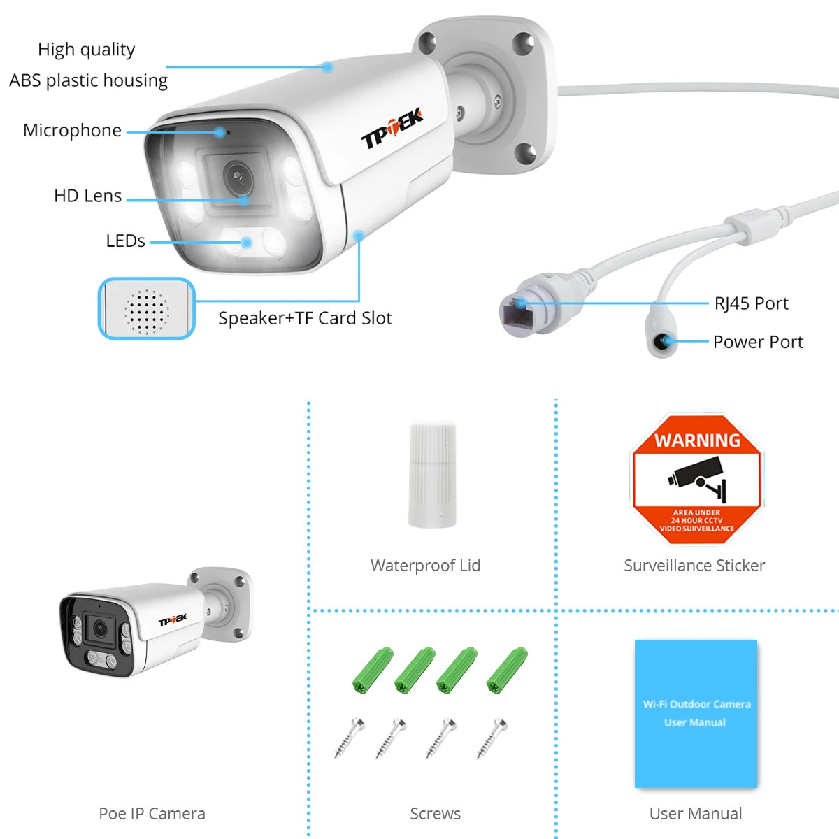 TPTEK 4K 8MP PoE IP Security Camera Two Way Audio IP66 Outdoor NVR