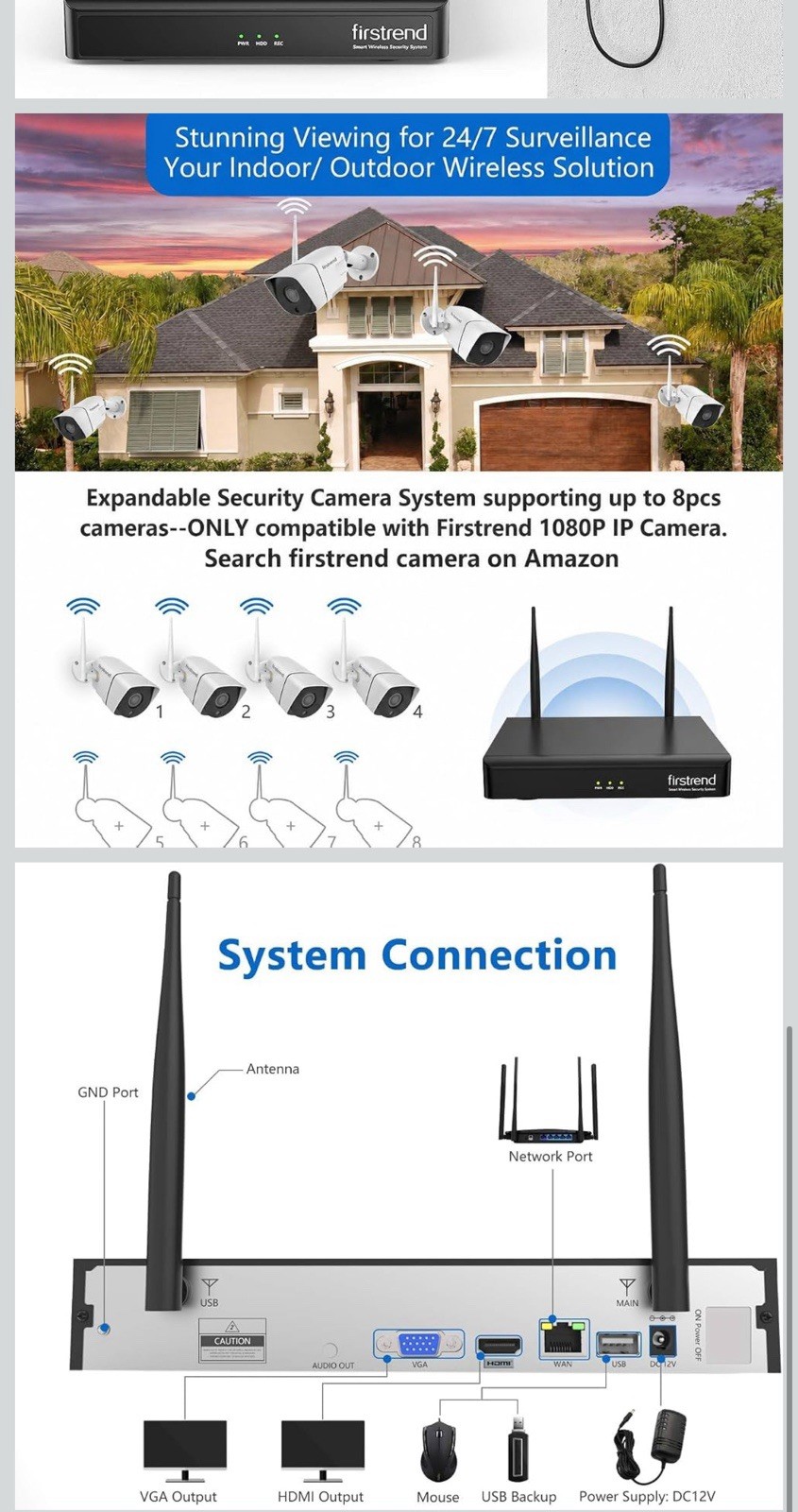 FIRSTREND WiFi Home Security Camera System 8CH NVR with 4x 1080P Camera 500G HDD
