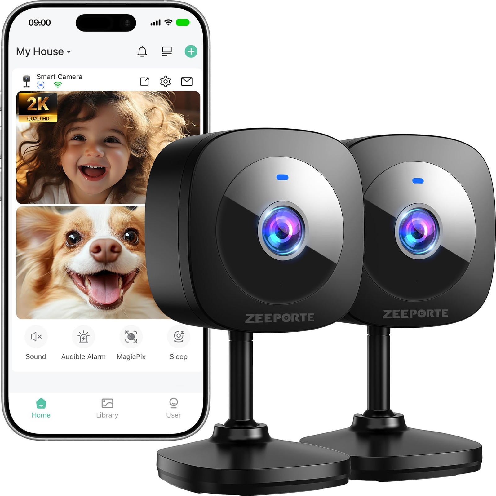 ZEEPORTE 2K Indoor Cameras for Home Security – Baby Monitor and 2-Pack, Black