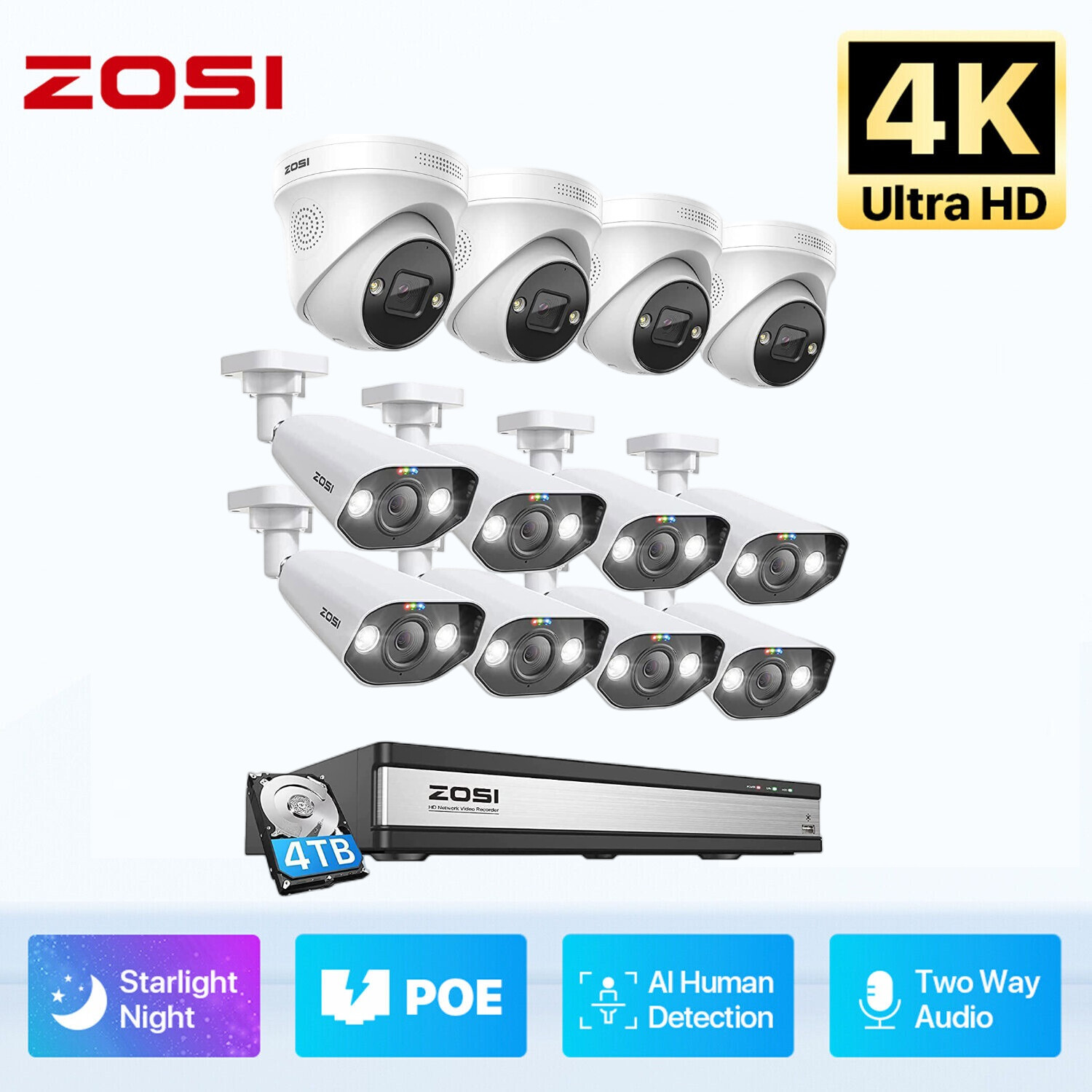 ZOSI 16CH/8CH NVR 4K 8MP POE Security Camera System Audio Recording IP Network