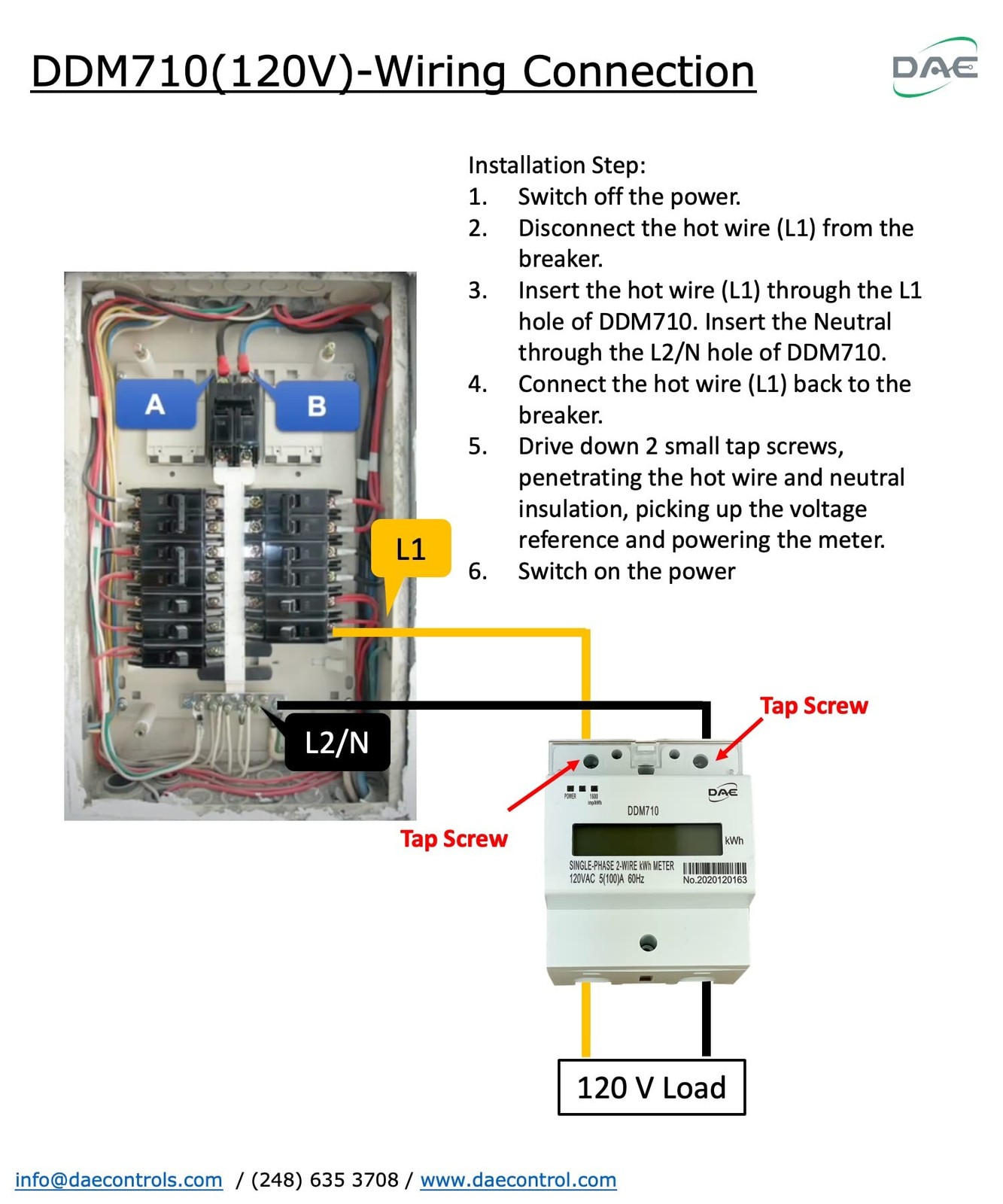 DAE DDM710 120V kWh Meter 100A 1P2W(1 hot 120V, 1 hot, 1 neutral, W/o RS485