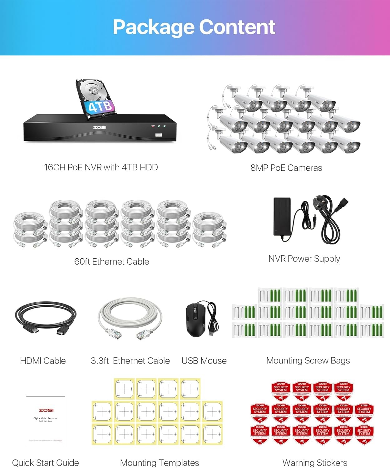 ZOSI 16CH 4K Security Camera System 16pcs 8MP PoE Cameras Outdoor 2Way Audio 4TB