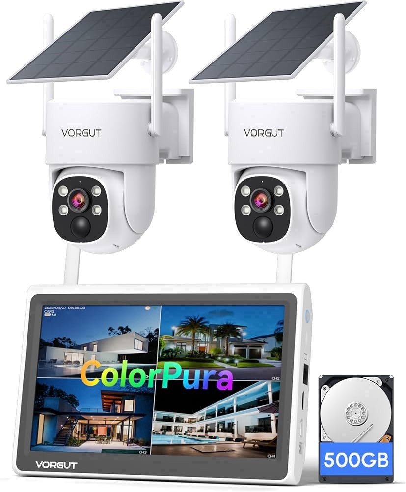 2K Solar Security Camera System, 10″ Monitor, 500GB HDD, 360° PTZ, 2.4/5G WiFi