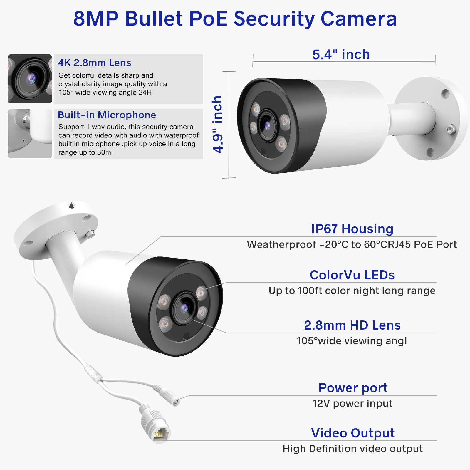 VIKYLIN 8CH 8POE NVR Systems Full Color Mini Bullet/Turret POE 8MP IP Camera Lot
