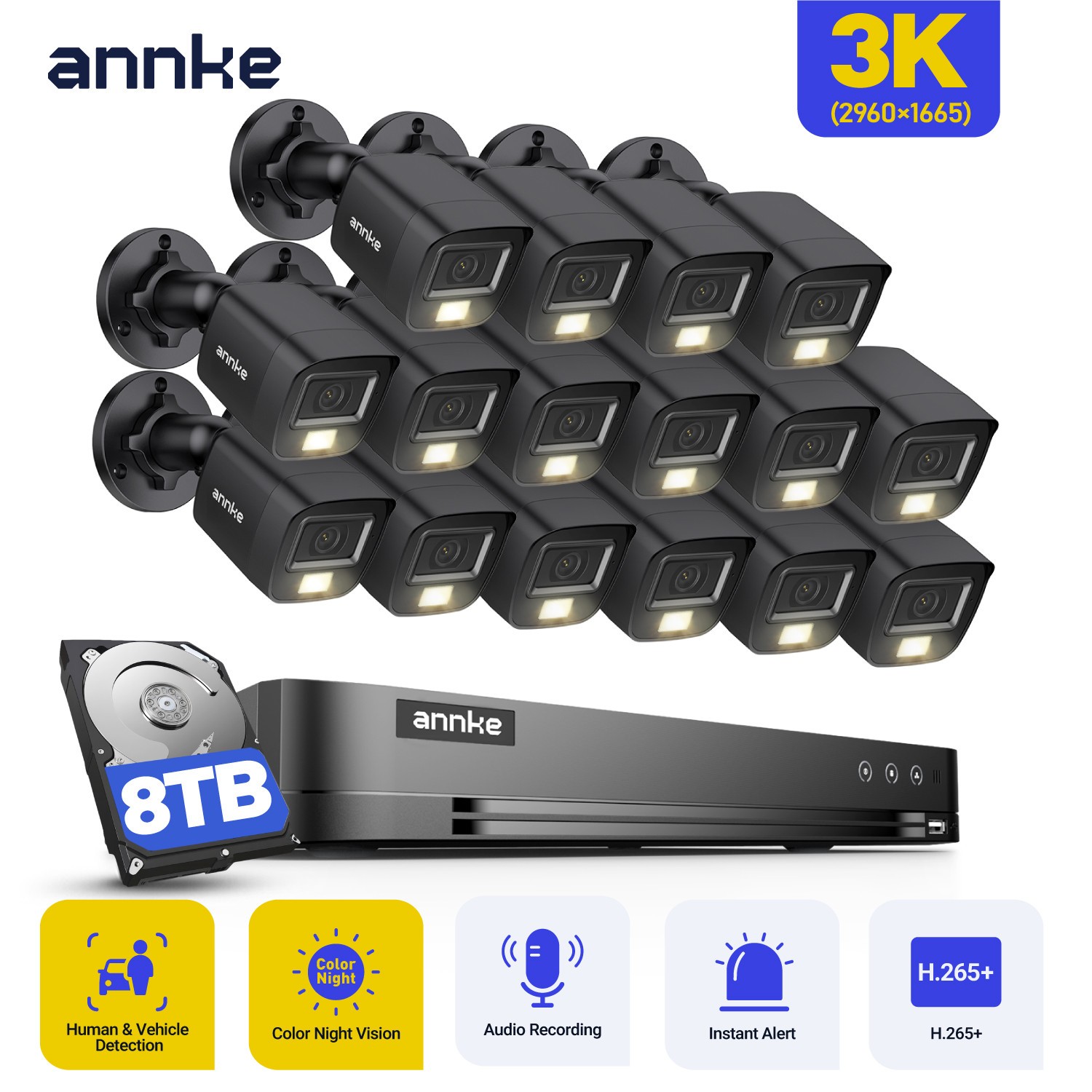 ANNKE 4K 16CH DVR 5MP AI Color Night Security Camera System Audio Recording IP67