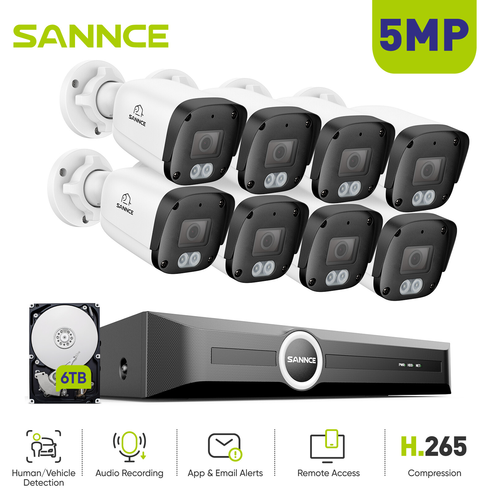 SANNCE 8CH NVR 3MP 5MP POE Security IP Camera System Outdoor Audio Recording AI